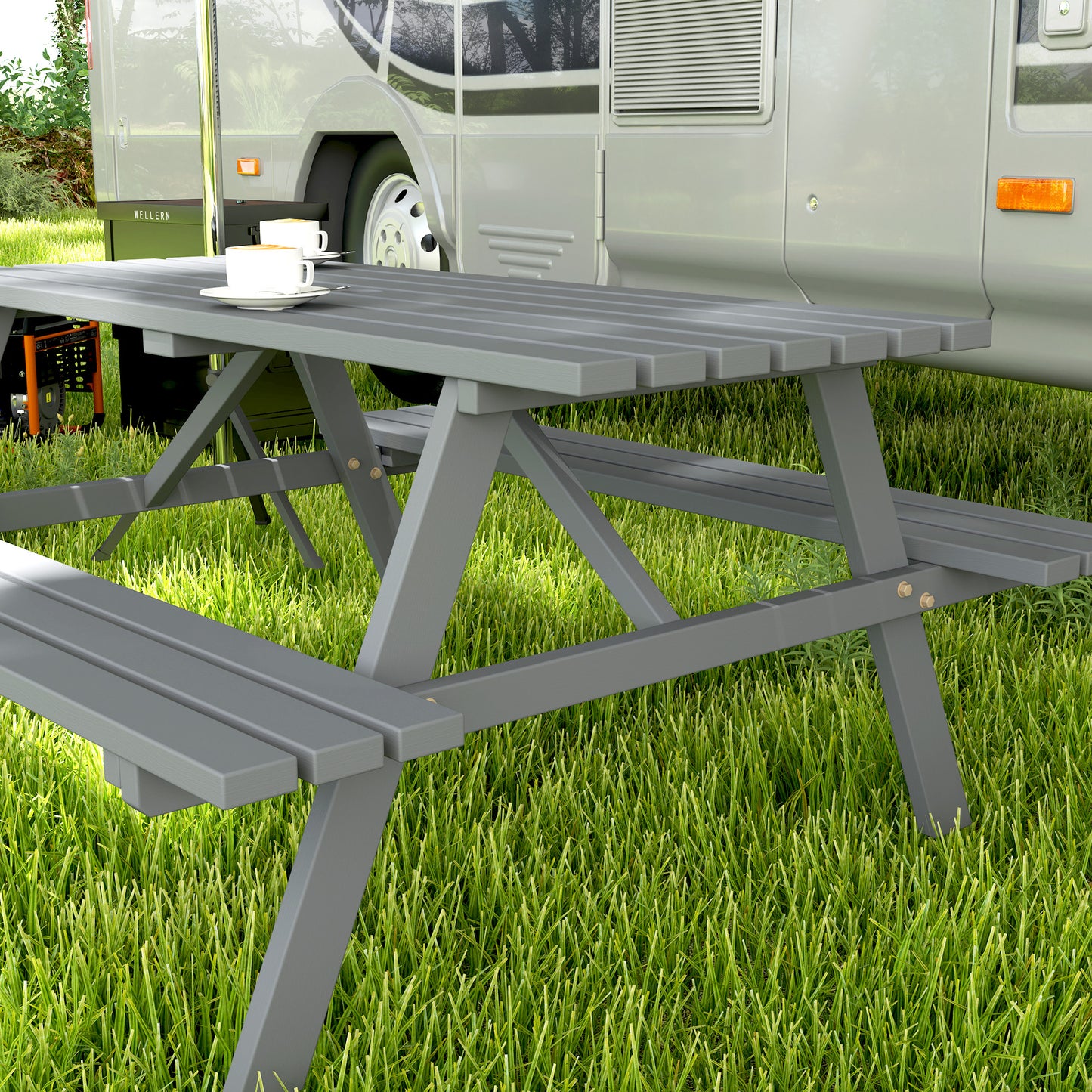 Outsunny 6 Seater Wooden Picnic Table Bench For Outdoor Garden And Patio With Parasol Cutout 150 Cm Grey