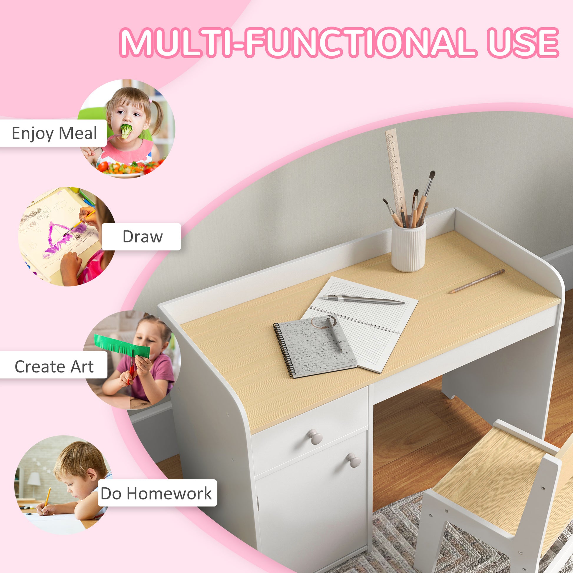 ZONEKIZ Kids Study Desk and Chair Set with Storage Drawer for Ages 3-6, White - ALL4U RETAILER LTD