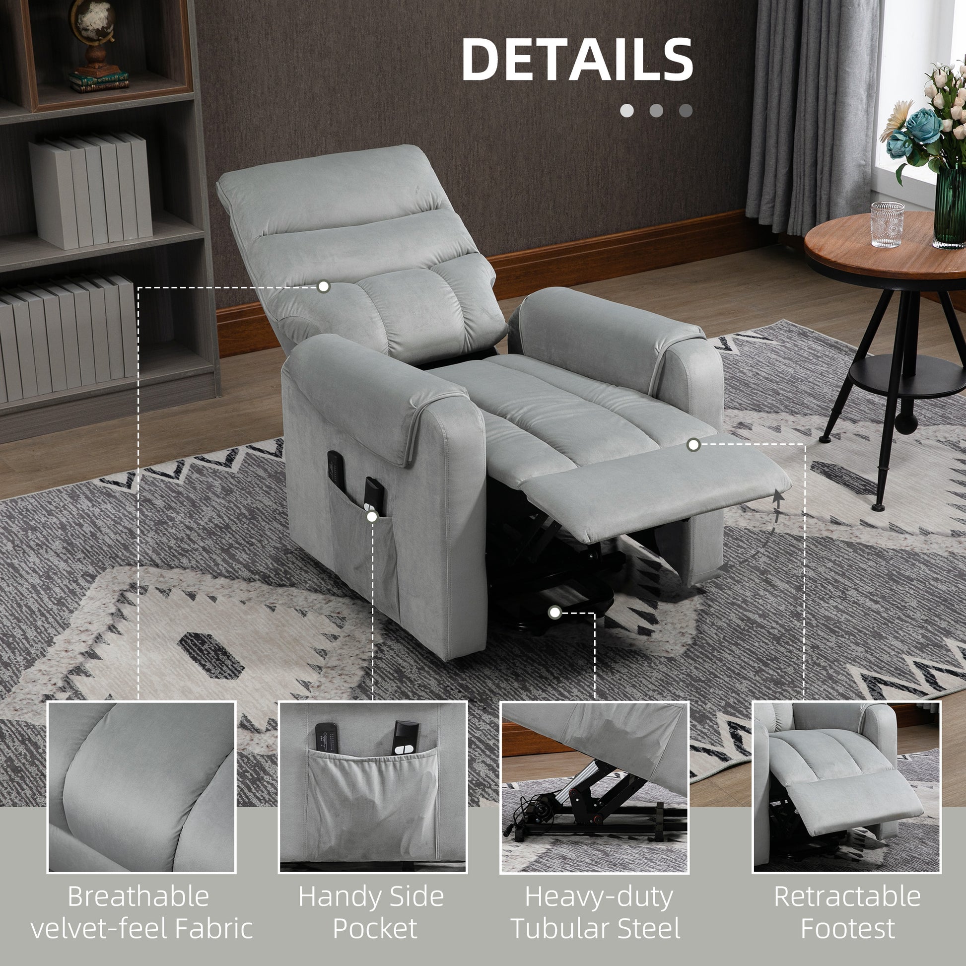 HOMCOM Electric Lift Recliner Chair with Vibration Massage and Remote Control, Grey Velvet Armchair - ALL4U RETAILER LTD