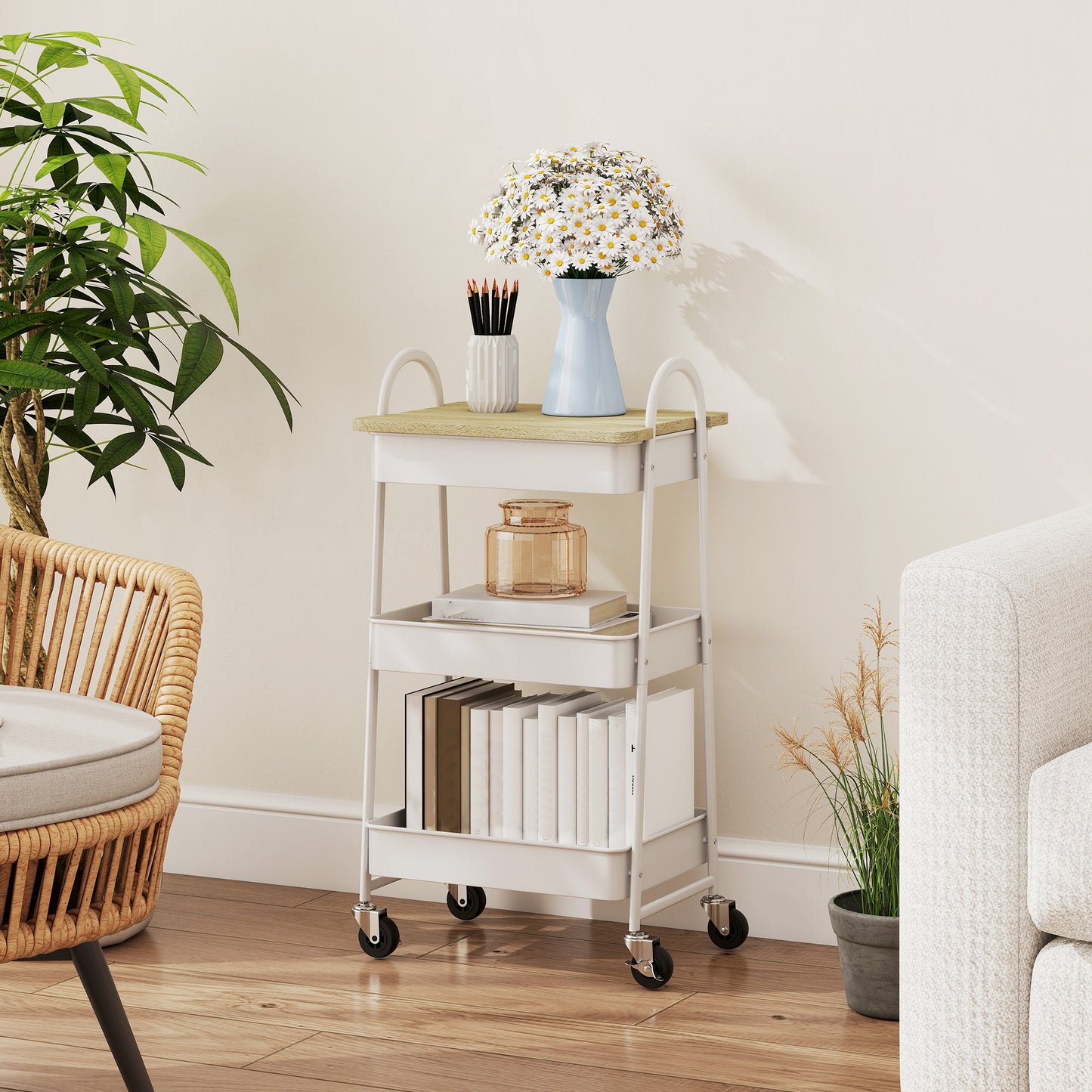 HOMCOM 3-Tier Kitchen Storage Trolley On Wheels With Cover Top Board White And Oak
