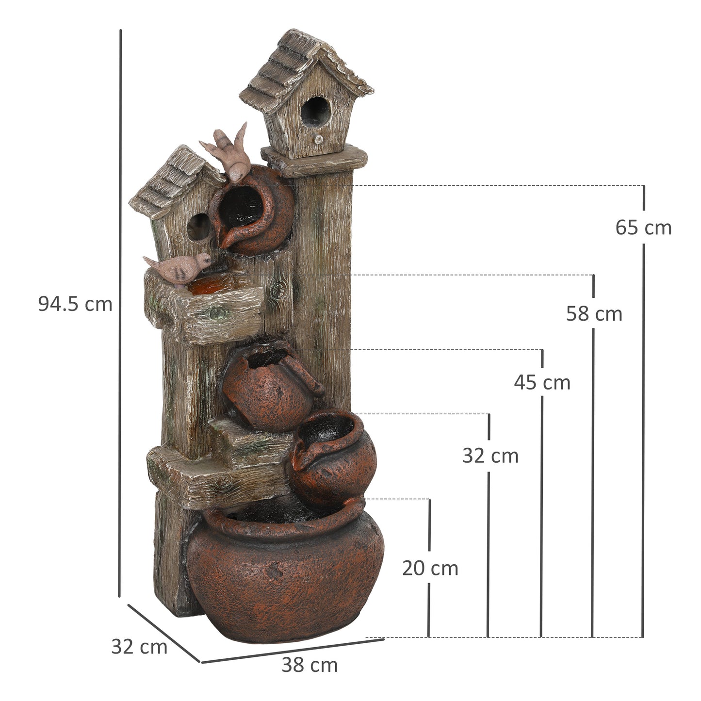 Outsunny 2 In 1 Waterfall Fountain With Birdhouse Resin Garden Water Feature LED Lights Pump Tree Trunk Design