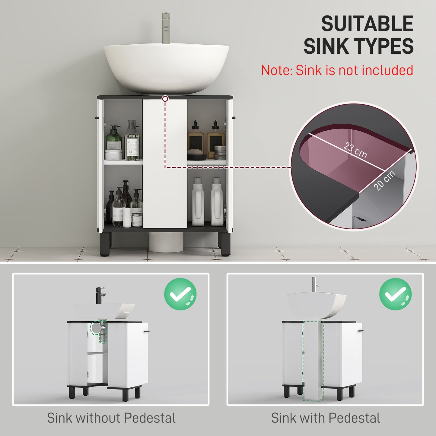 HOMCOM Modern Under Sink Bathroom Cabinet High Gloss White With Three Level Adjustable Shelf And U Cutout