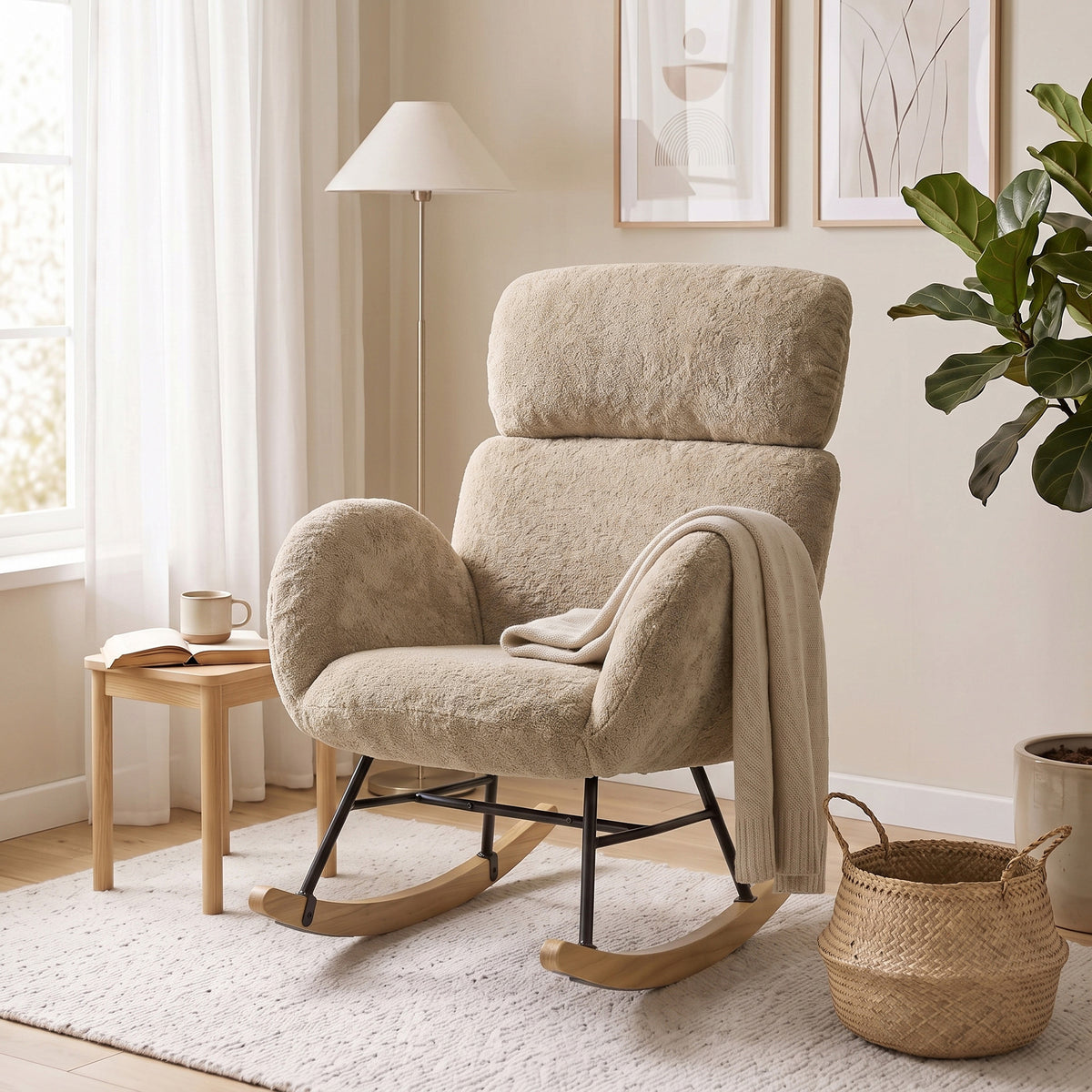 HOMCOM Upholstered Rocking Chair with Adjustable Headrest Light Brown Velvet