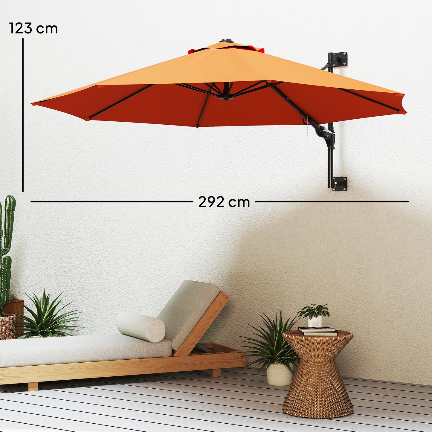 Outsunny 3M Wall Mounted Parasol Shade With Handle Orange Outdoor Garden Patio Canopy
