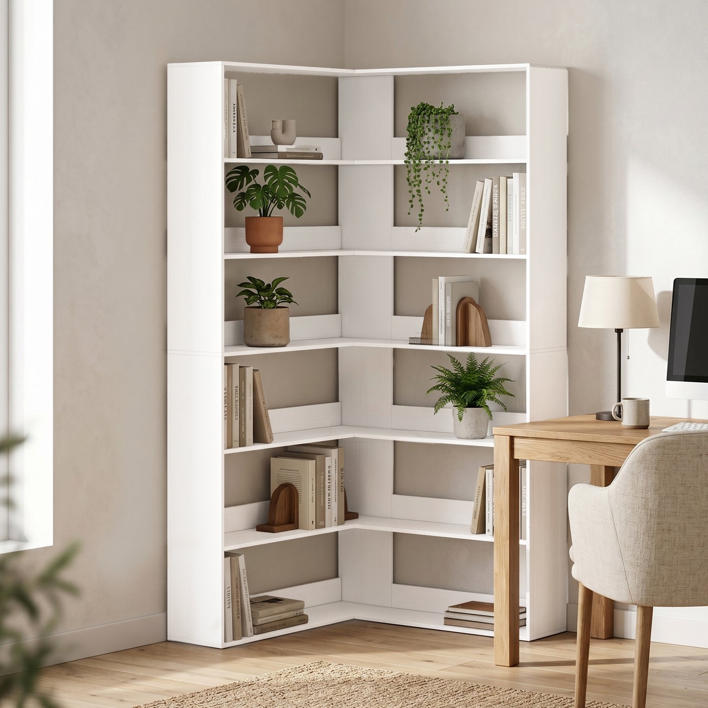 HOMCOM 7 Tier L Shaped Corner Bookshelf White Wood Effect 180 cm Tall With Anti Slip Rear Guard