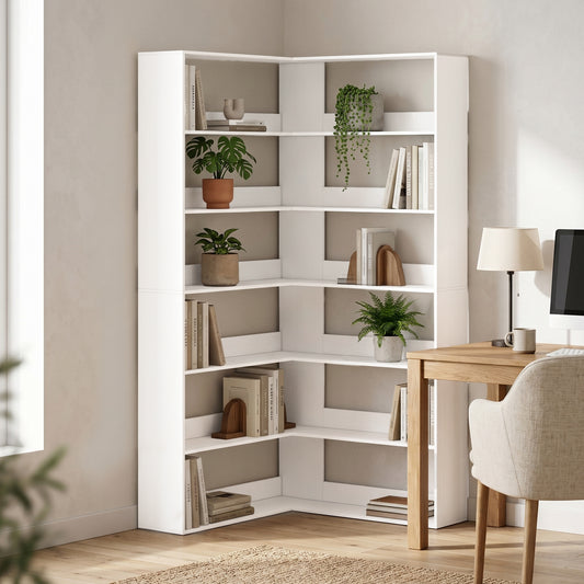 HOMCOM 7 Tier L Shaped Corner Bookshelf White Wood Effect 180 cm Tall With Anti Slip Rear Guard