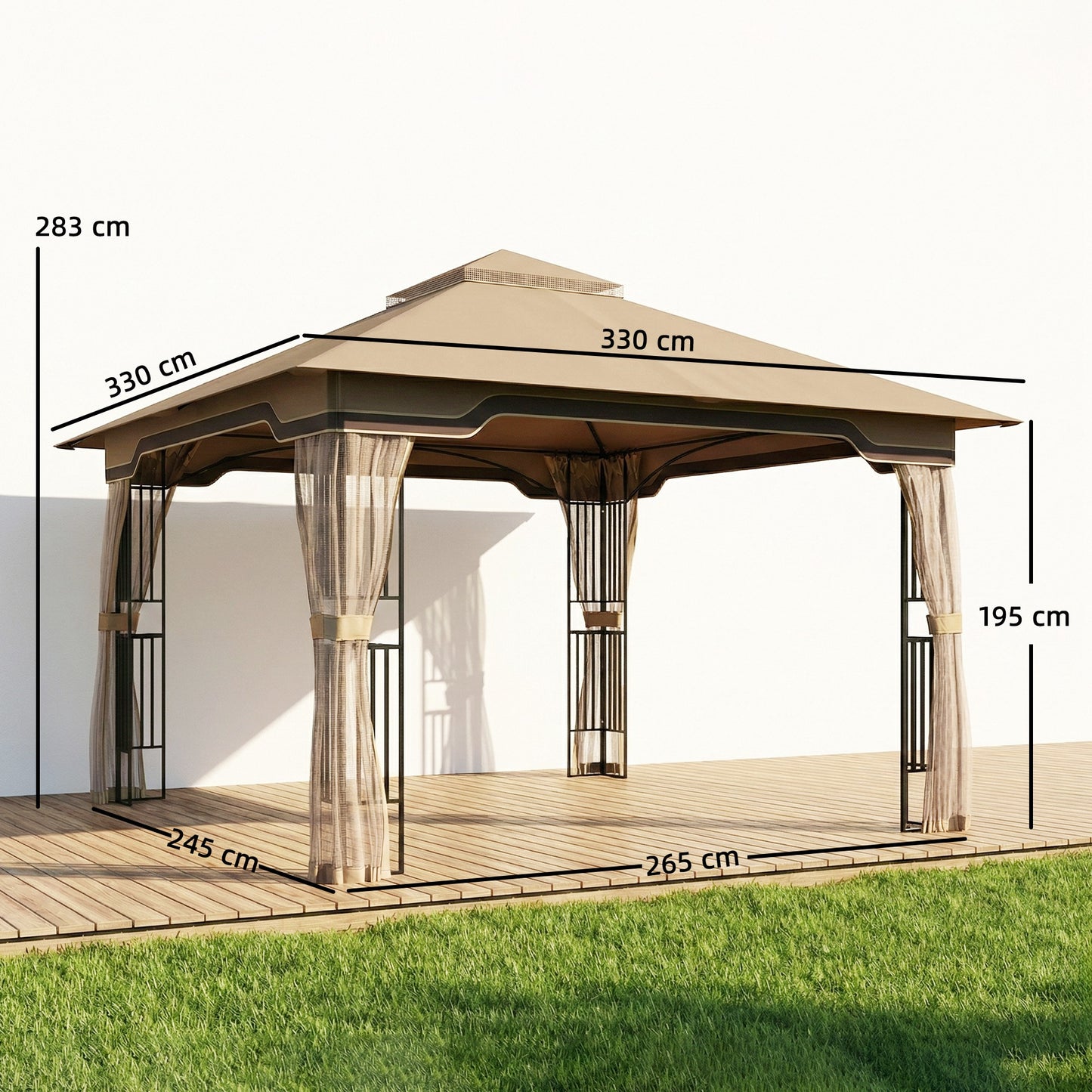 Outsunny 3.3 x 3.3 m Outdoor Garden Gazebo With Post Shelves Hook Khaki UPF50 Plus Patio Permanent Pavilion