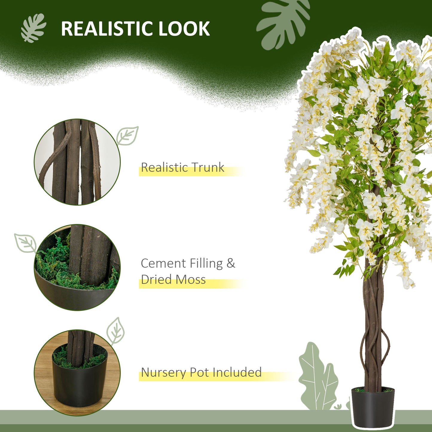 HOMCOM White Wisteria Artificial Tree In Nursery Pot For Indoor Decor Faux Plant 160cm