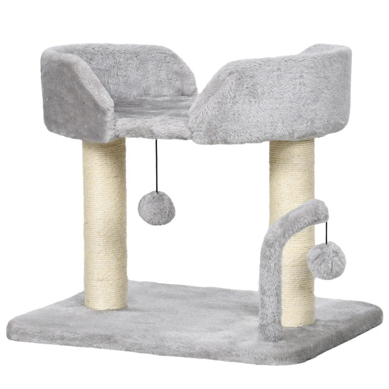 PawHut 42cm Indoor Cat Tree with Toy Balls and Sisal Scratching Post - Light Grey - Interactive Play Center for Cats - ALL4U RETAILER LTD