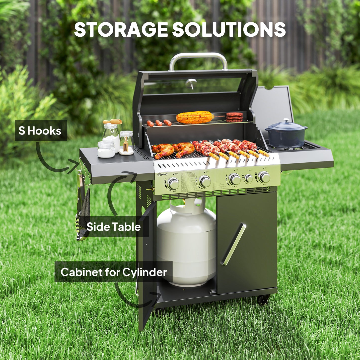Outsunny 4 Plus 1 Burner Gas BBQ Grill With Clear View Lid Barbecue Grill Builtin Thermometer Side Table Cabinet Wheels