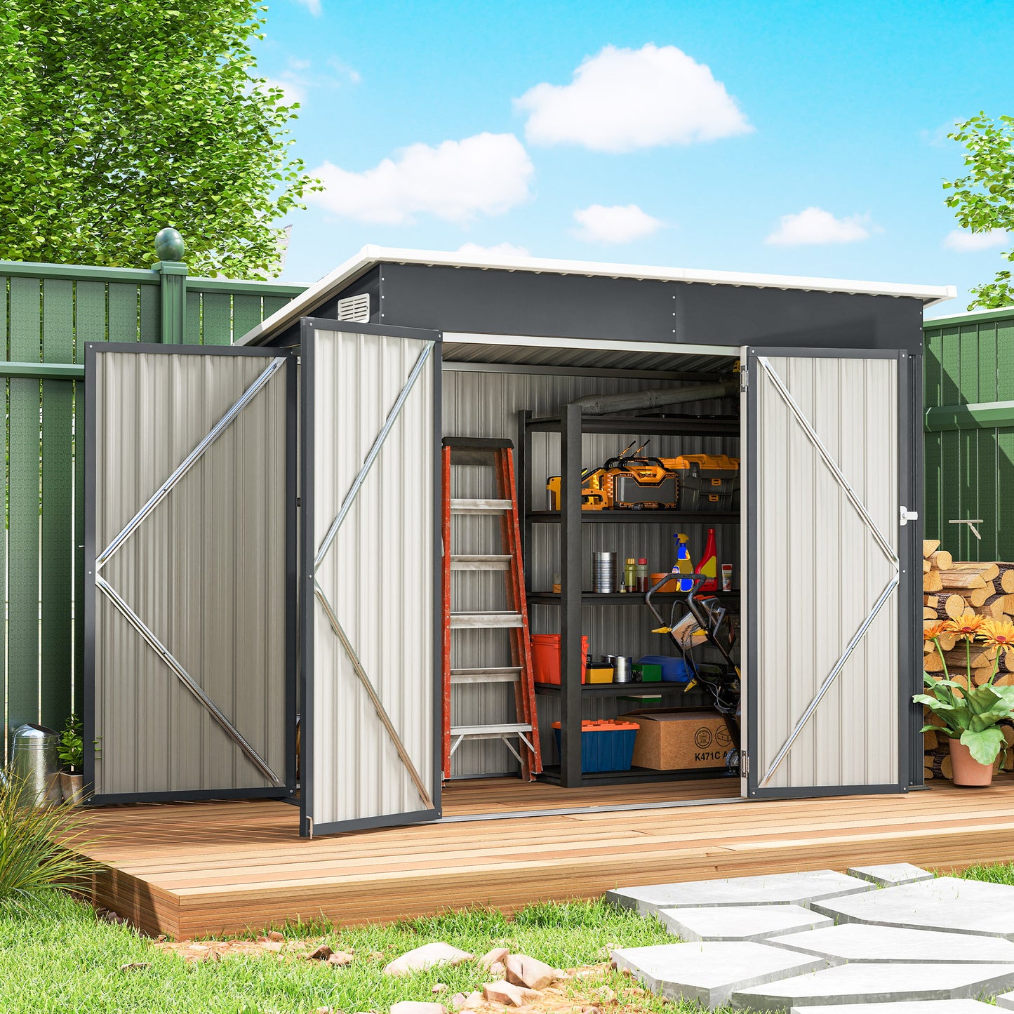 Outsunny 7.5 x 4.3ft Metal Garden Storage Shed Waterproof With Triple Lockable Doors Vents Gloves Included Dark Grey
