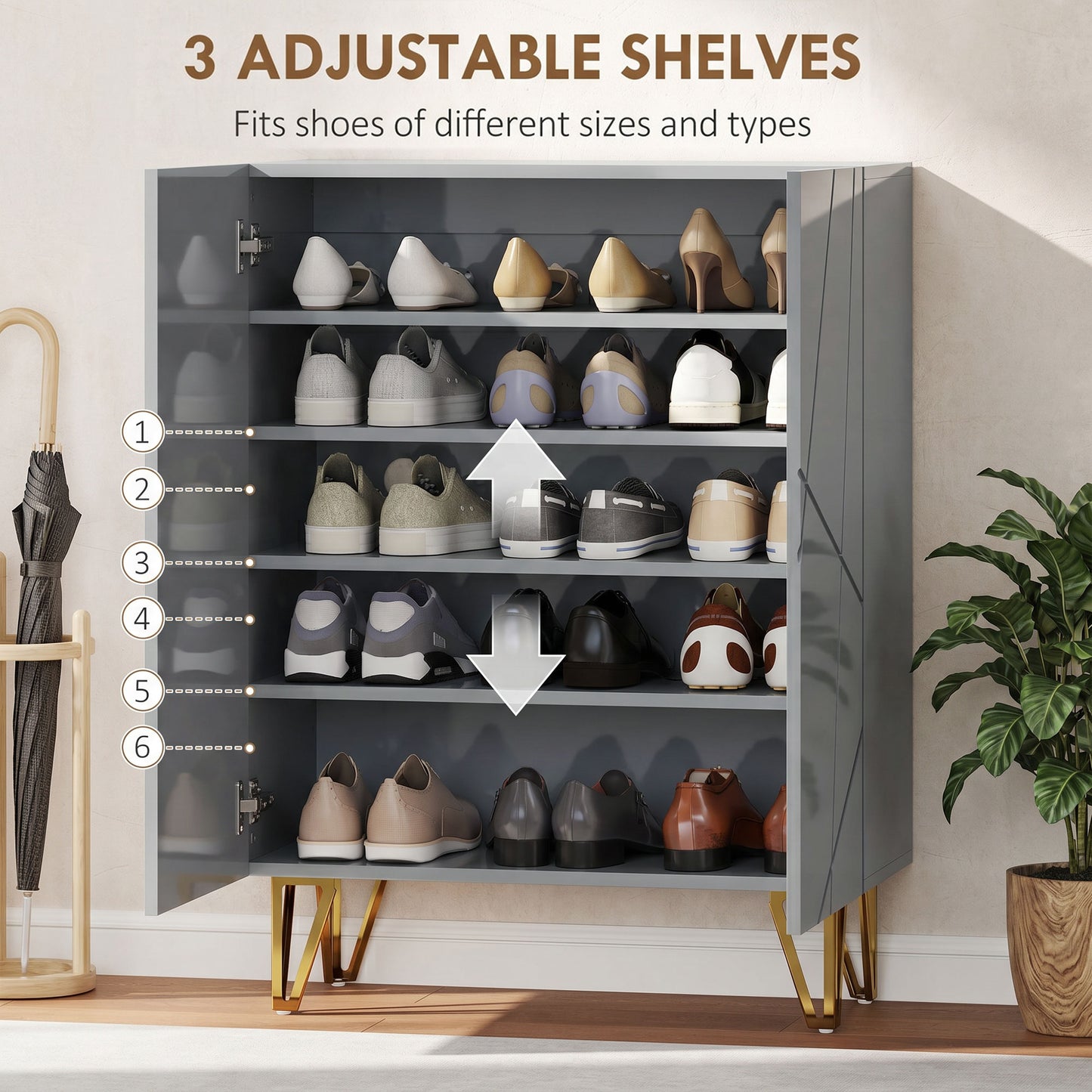HOMCOM Narrow Shoe Storage Cabinet With Soft Close Hinges And Adjustable Shelves For 15 To 20 Pairs Of Shoes Grey