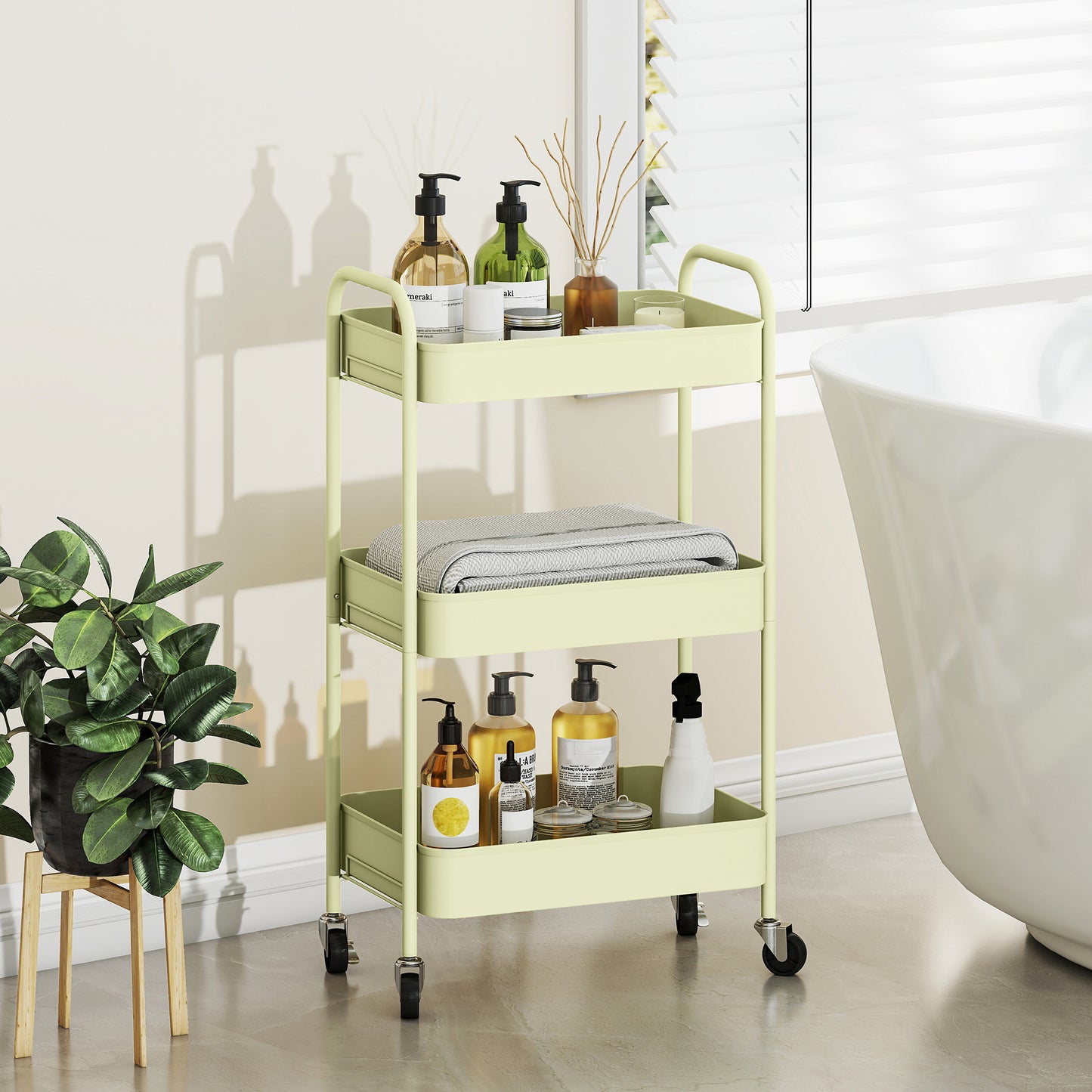 HOMCOM Three Tier Steel Storage Trolley Green Rolling Cart with Small Medium Large Baskets for Home Organization
