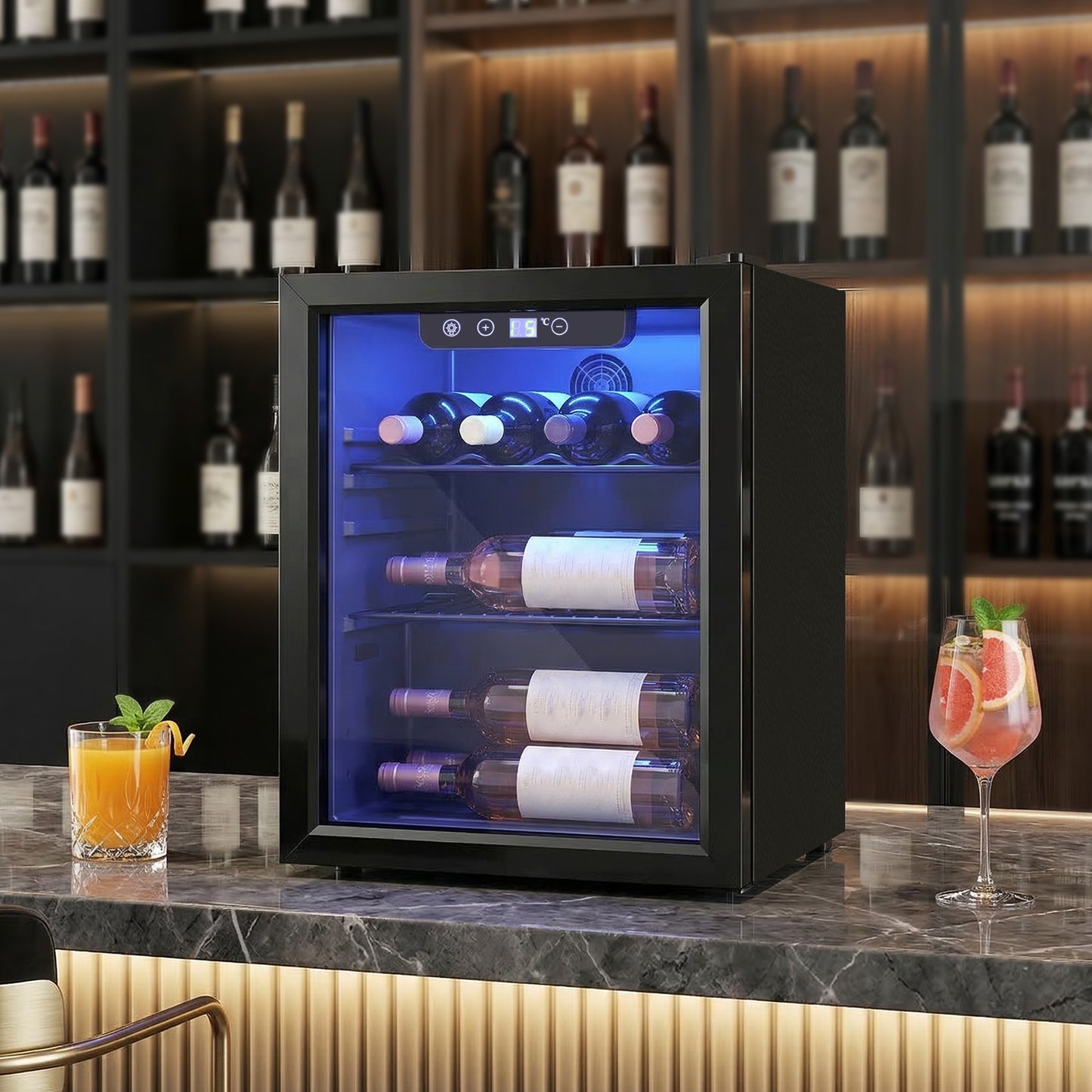HOMCOM 16 Bottle Wine Cooler 48 Litre Capacity Under Counter Glass Door 4 to 16 Celsius LED Light Black