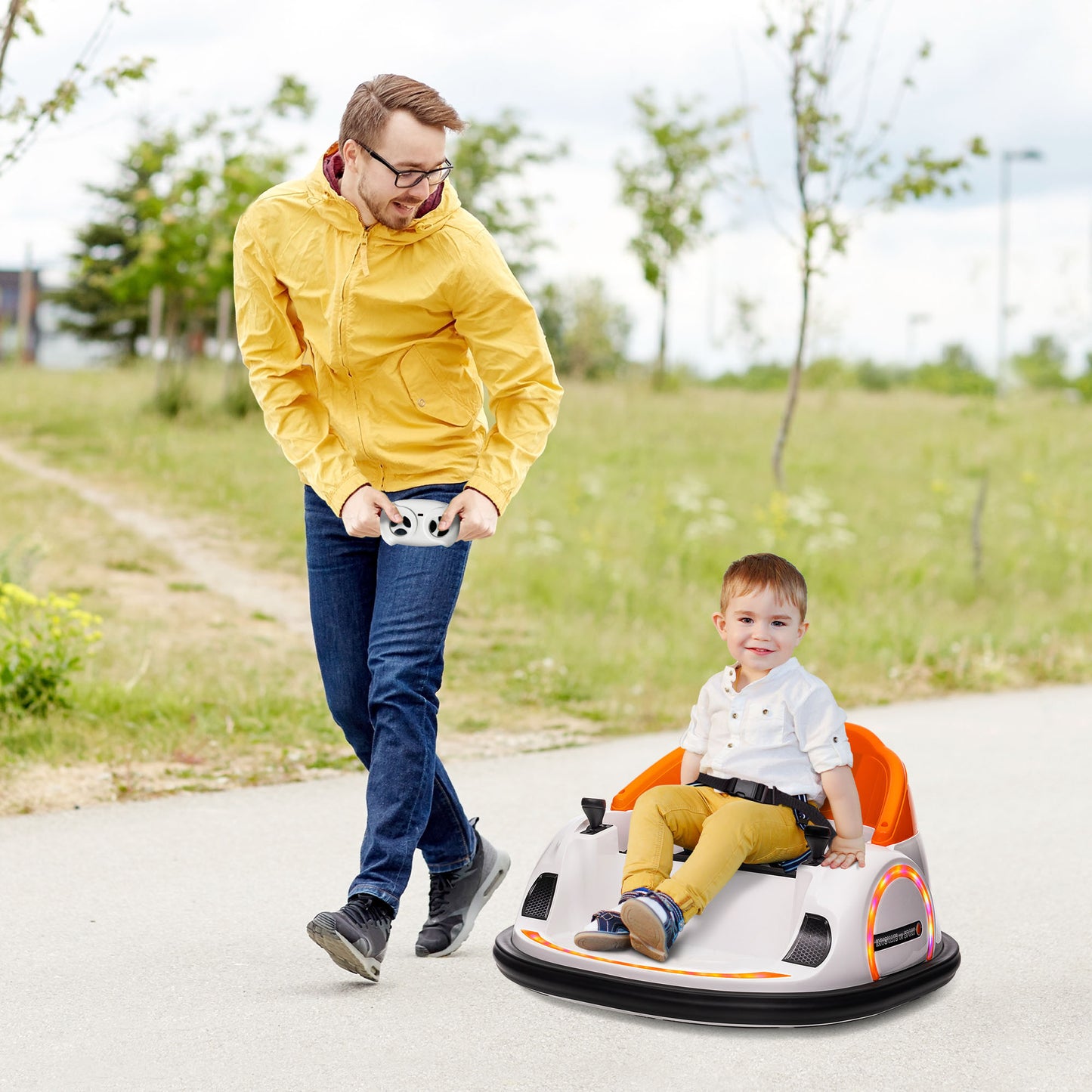 AIYAPLAY Vibrant Orange 360° Rotating Kids Bumper Car with Remote Control, Joysticks, Music & Lights - Perfect for Outdoor Fun!