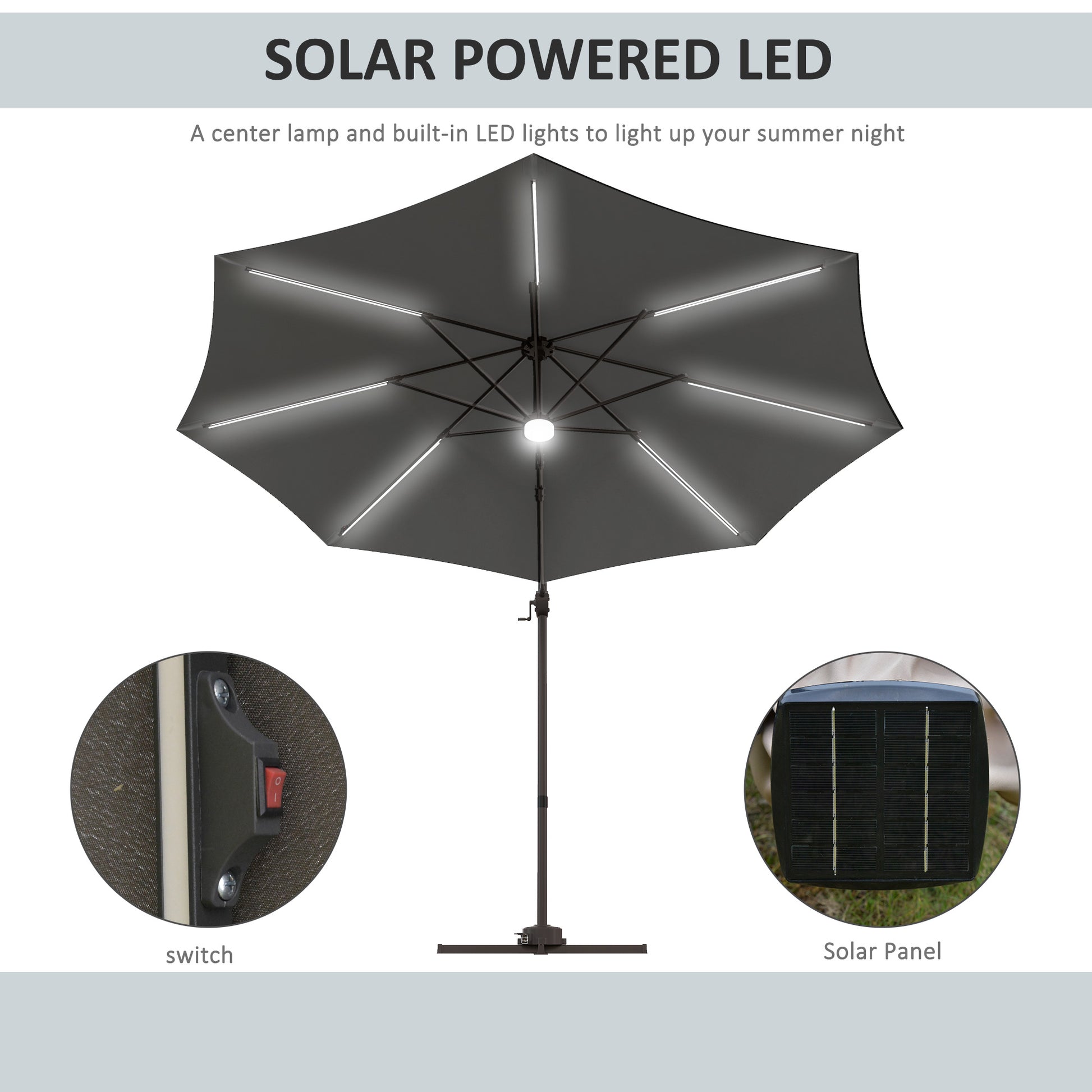 Outsunny Dark Grey 3m LED Cantilever Sun Umbrella with Solar Lights and Base for Outdoor Spaces - ALL4U RETAILER LTD