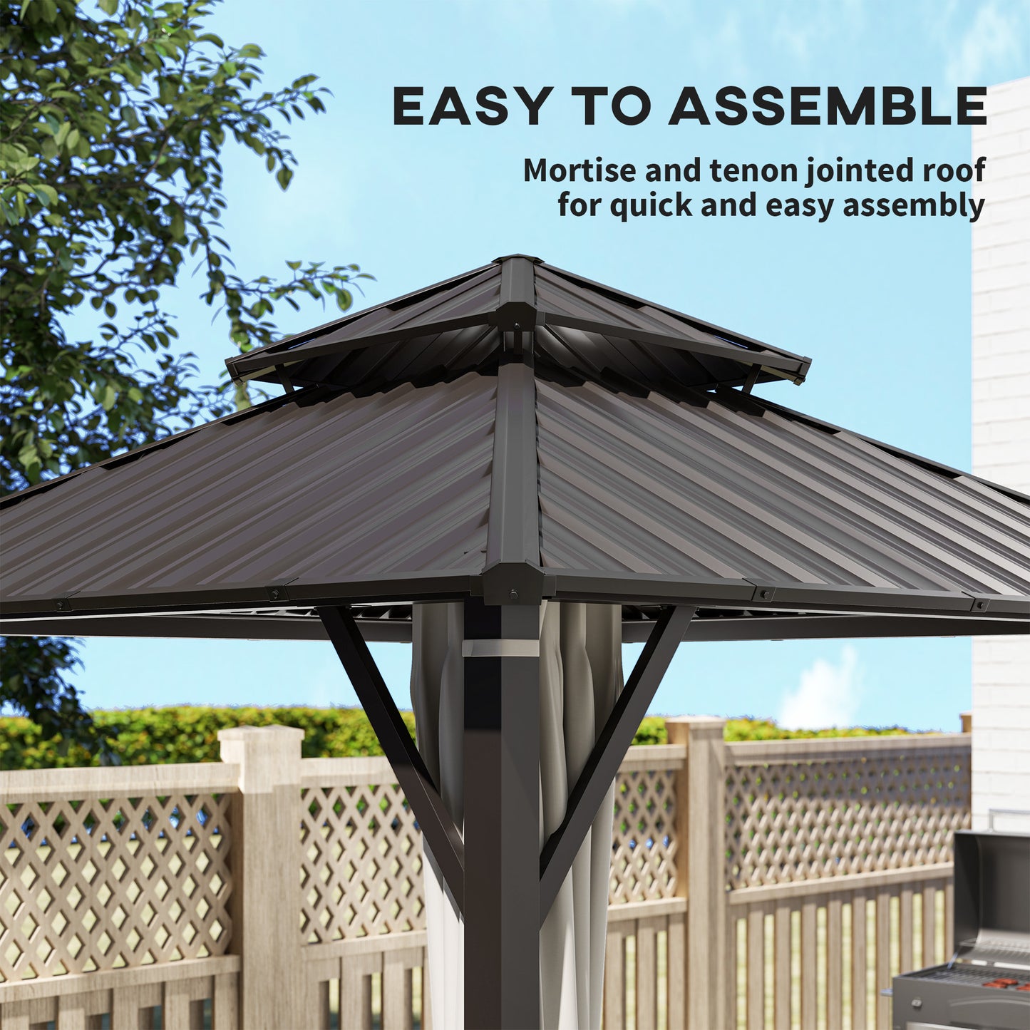 Outsunny 3x3m Hardtop Gazebo With Double Metal Roof Waterproof Permanent Pavilion Garden Netting Curtains Beige