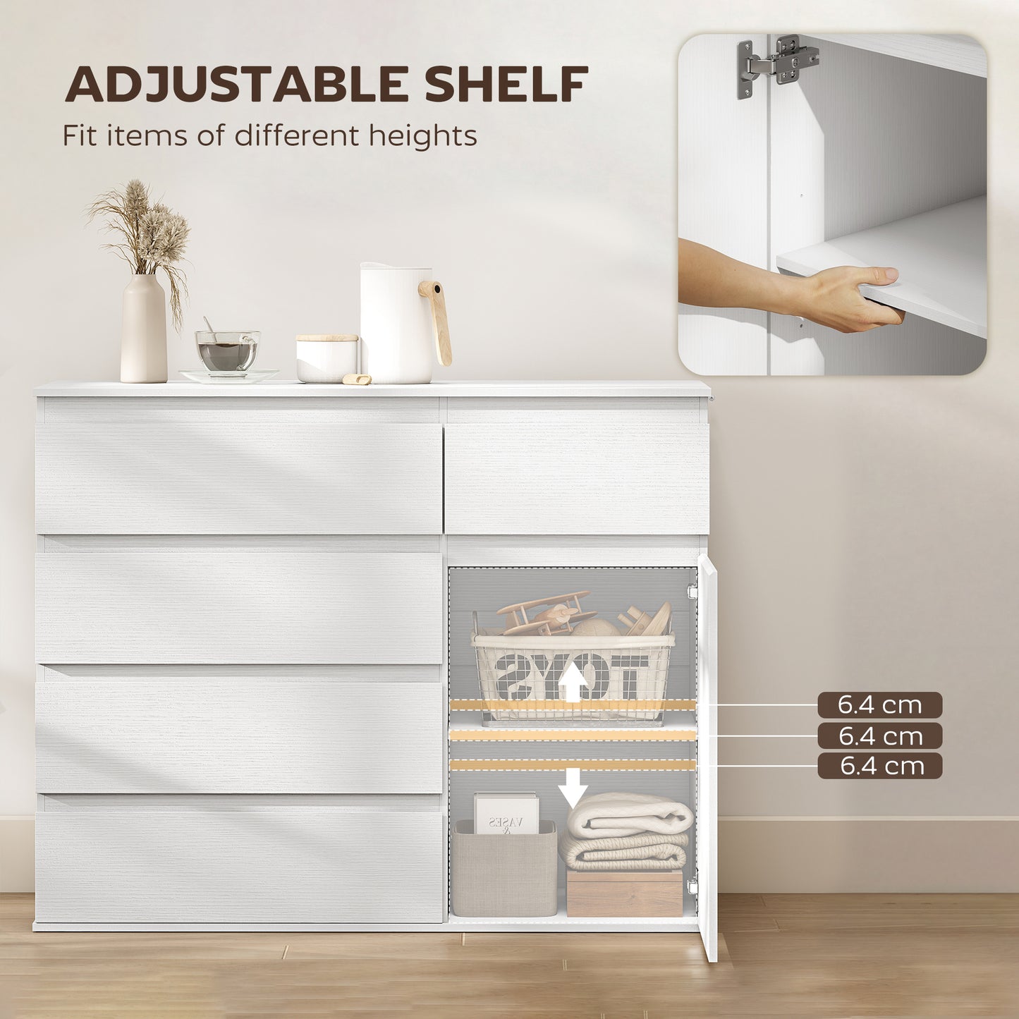 HOMCOM Modern Sideboard Storage Cabinet With Five Drawers Soft Close Doors And Adjustable Shelf White