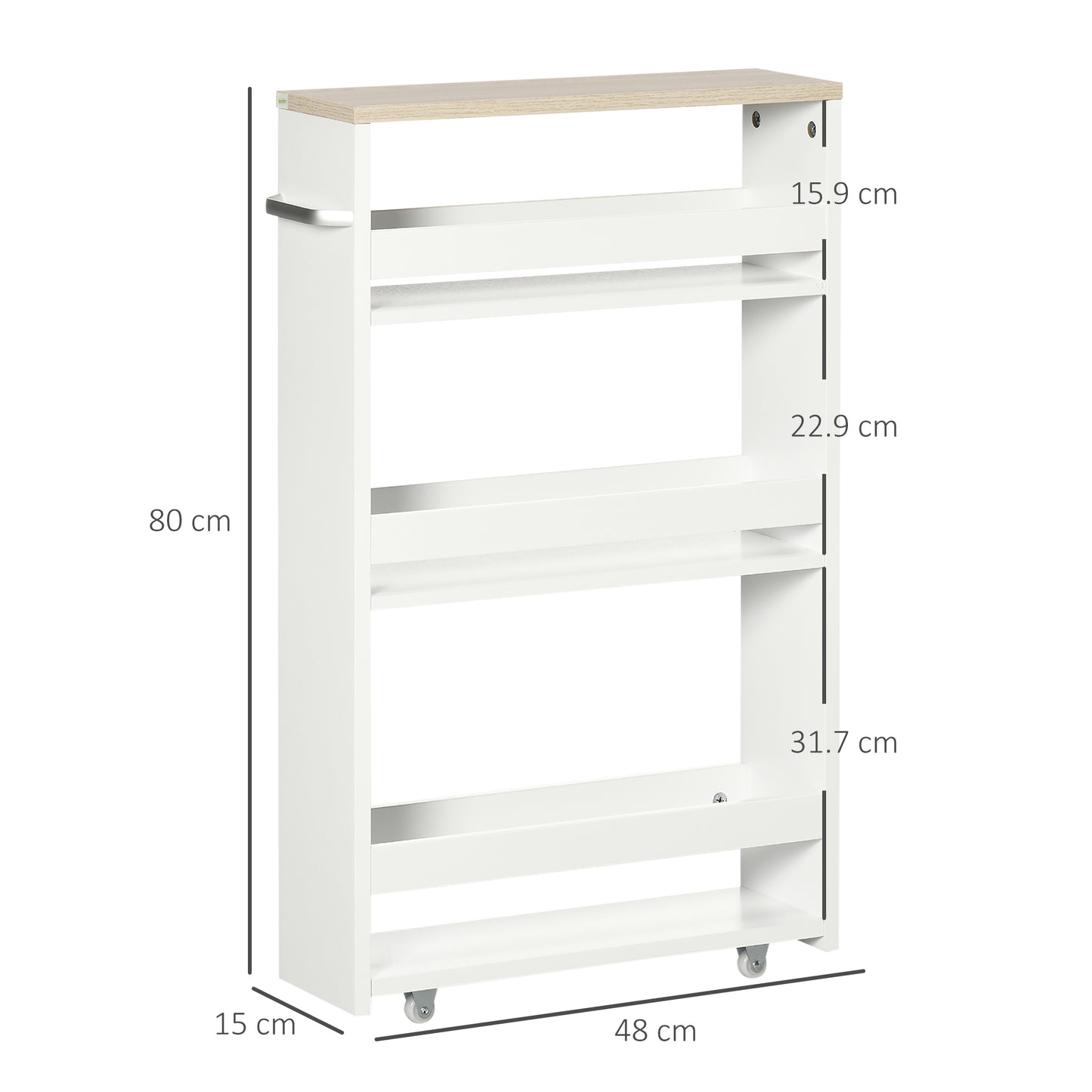 Kleankin 4 Tier Storage Cart On Wheels And Handle White Compact Bathroom Trolley 48W x 15D x 80H cm