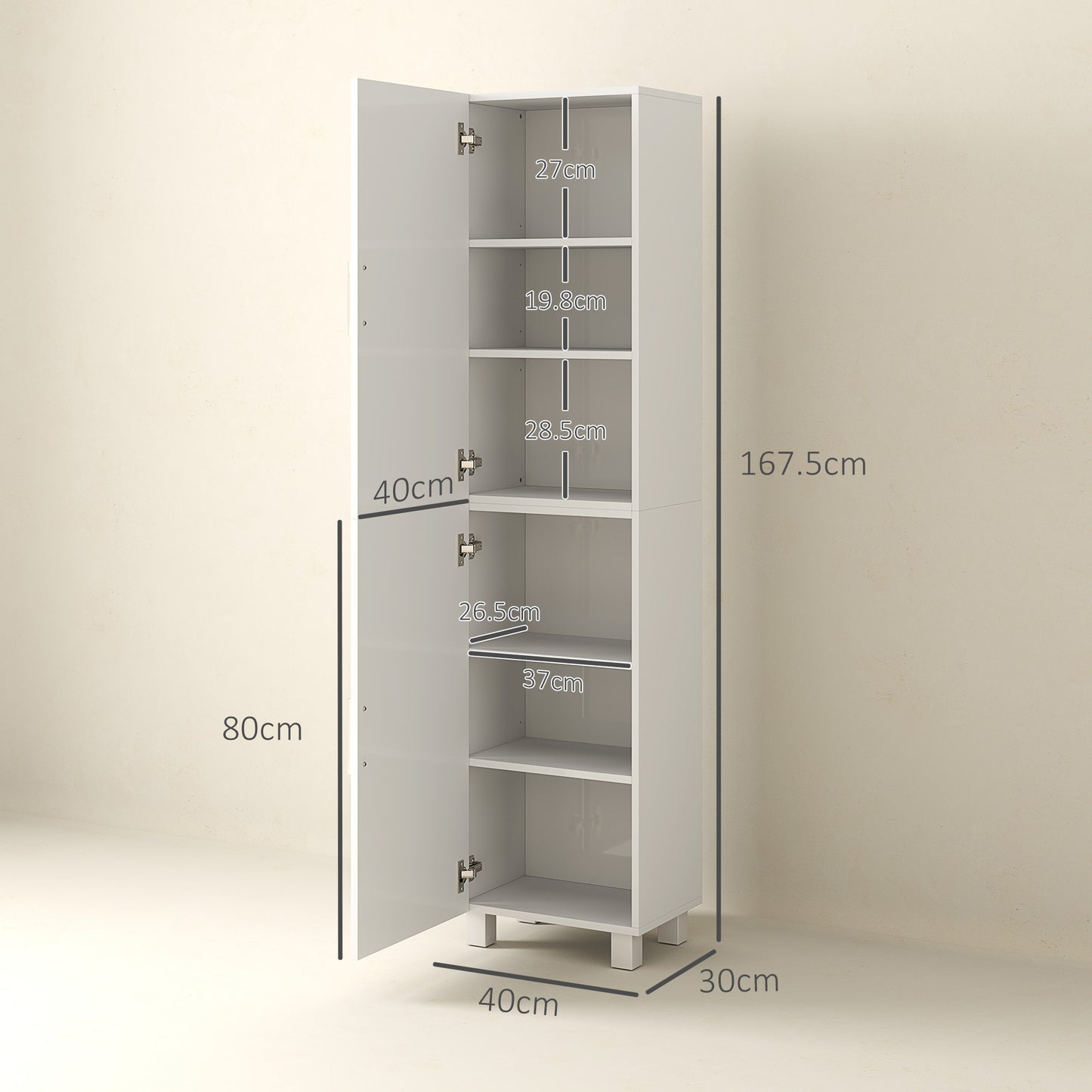 HOMCOM Tall Freestanding White High Gloss Bathroom Cabinet With Adjustable Shelves And Double Doors