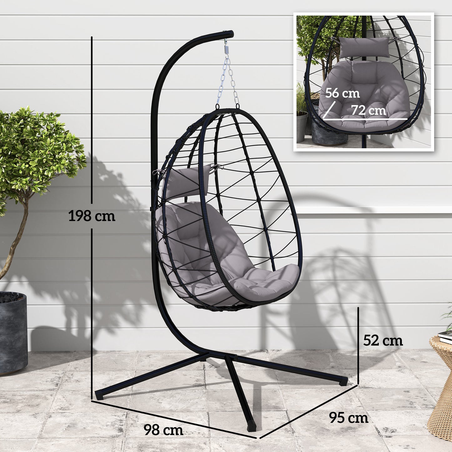 Outsunny Hanging Egg Chair Outdoor Indoor Garden Swing Chair With Folding Basket Thickened Cushion Headrest Stand Grey