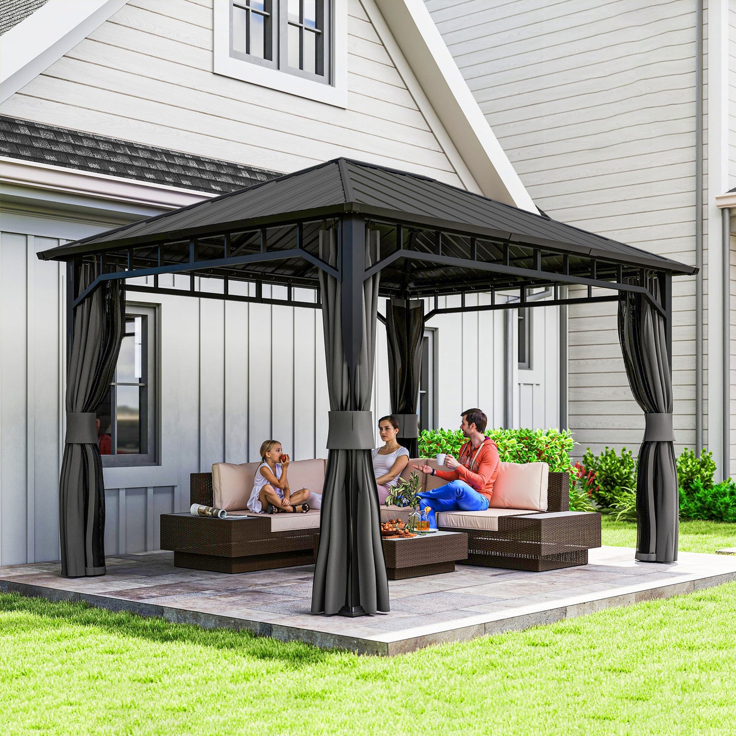 Outsunny 3 x 4m Hardtop Gazebo With Galvanised Steel Roof Water Gutter Waterproof Pavilion For Patio And Deck Netting