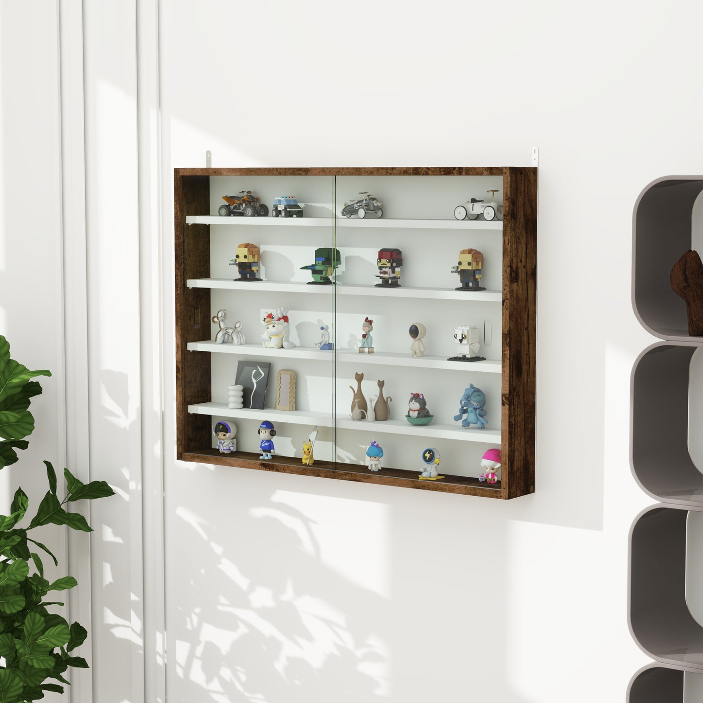 HOMCOM 5 Tier Wall Display Cabinet With Glass Doors 60x80cm Rustic Brown And Four Adjustable Shelves