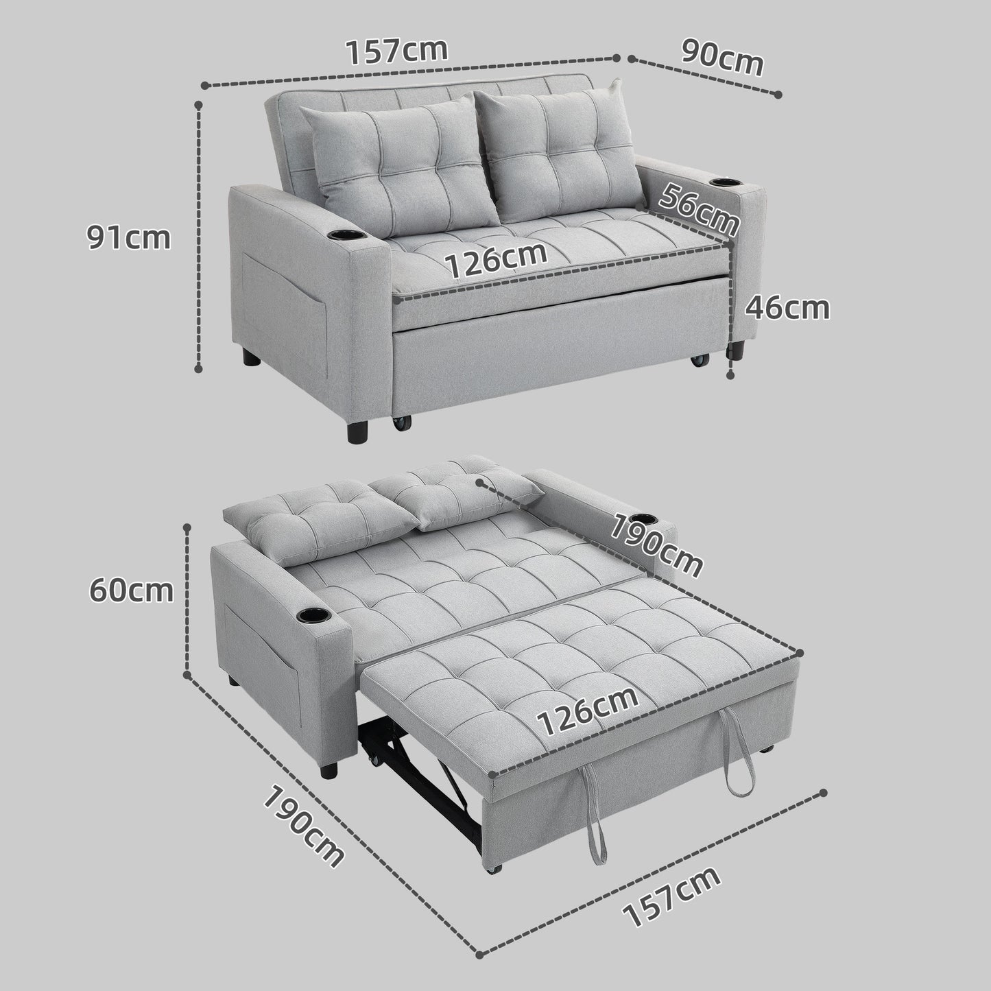 HOMCOM Two Seater Pull Out Sofa Bed Light Grey Click Clack With Three Level Adjustable Back Linen Look Upholstery
