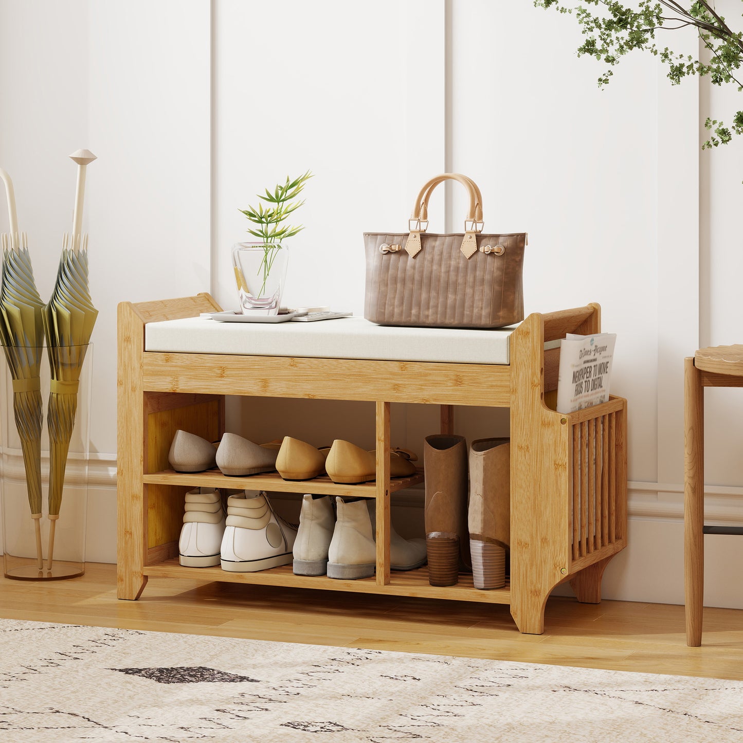 HOMCOM 2 Tier Shoe Bench With Cushioned Seat For Entryway Storage Natural And Cream 100 x 30 x 50 cm