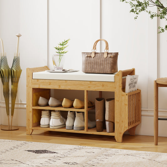 HOMCOM 2 Tier Shoe Bench With Cushioned Seat For Entryway Storage Natural And Cream 100 x 30 x 50 cm