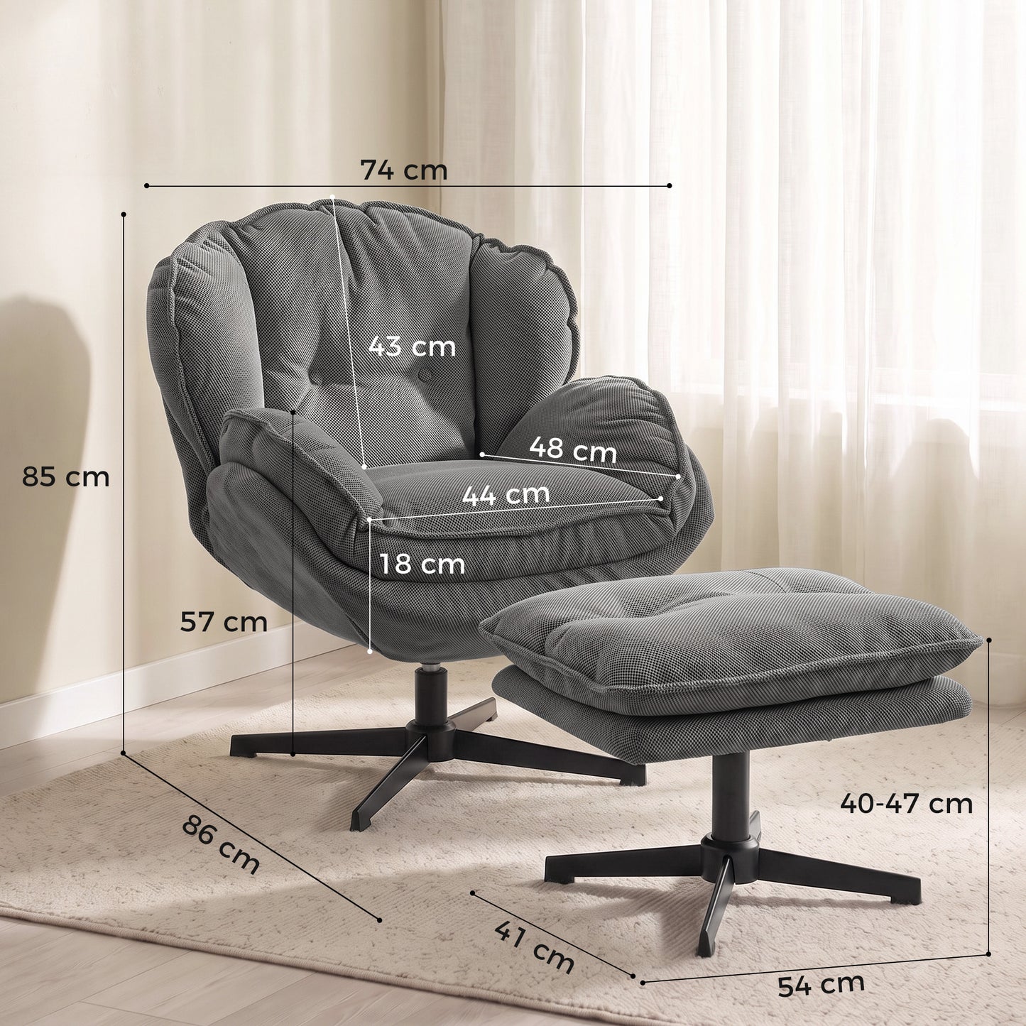 Homcom Grey Swivel Armchair With Adjustable Footstool And Plush Cloud Seat
