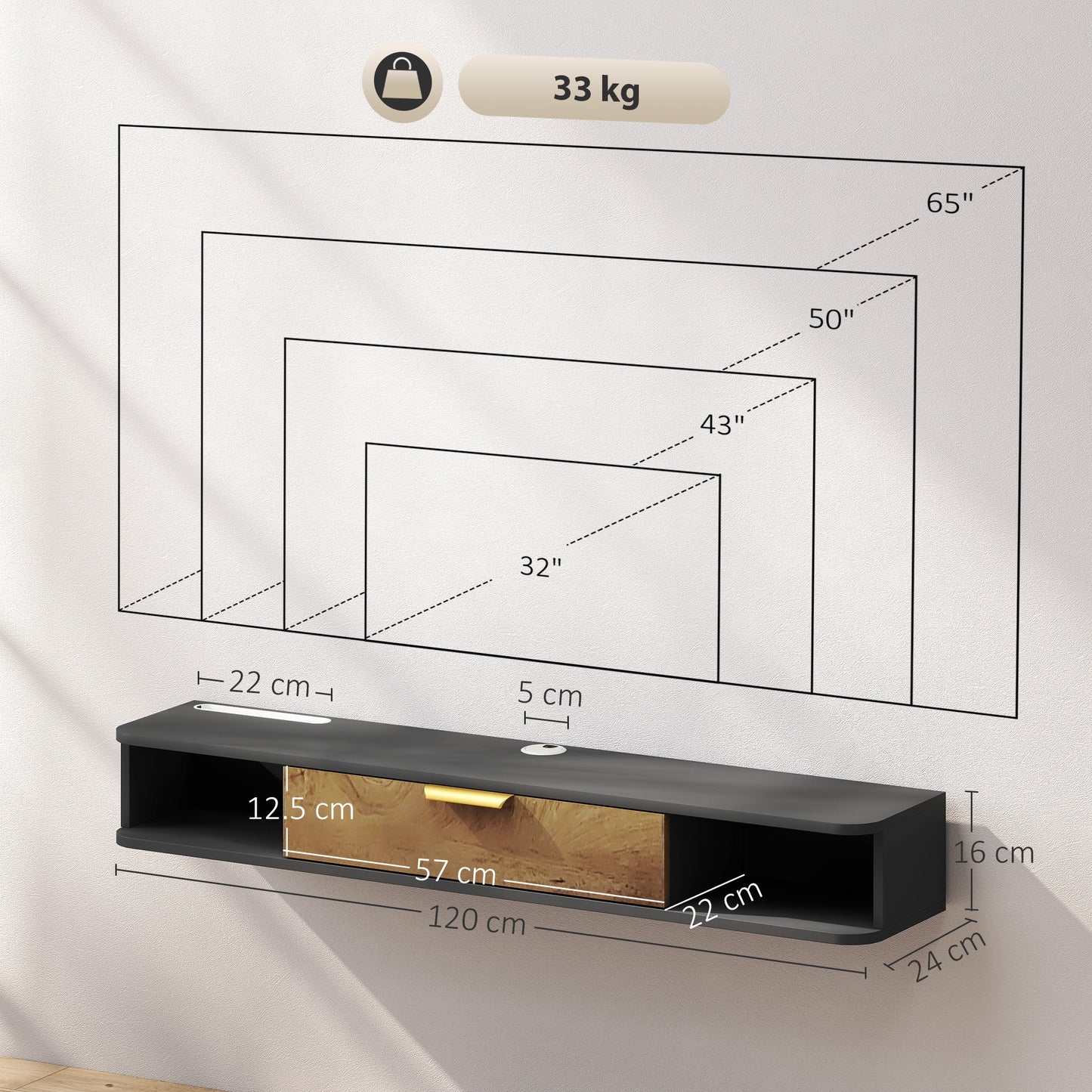 HOMCOM 120 Cm Floating TV Stand With Storage Charcoal Grey Wall Mounted Cable Management Console For Modern Living Rooms