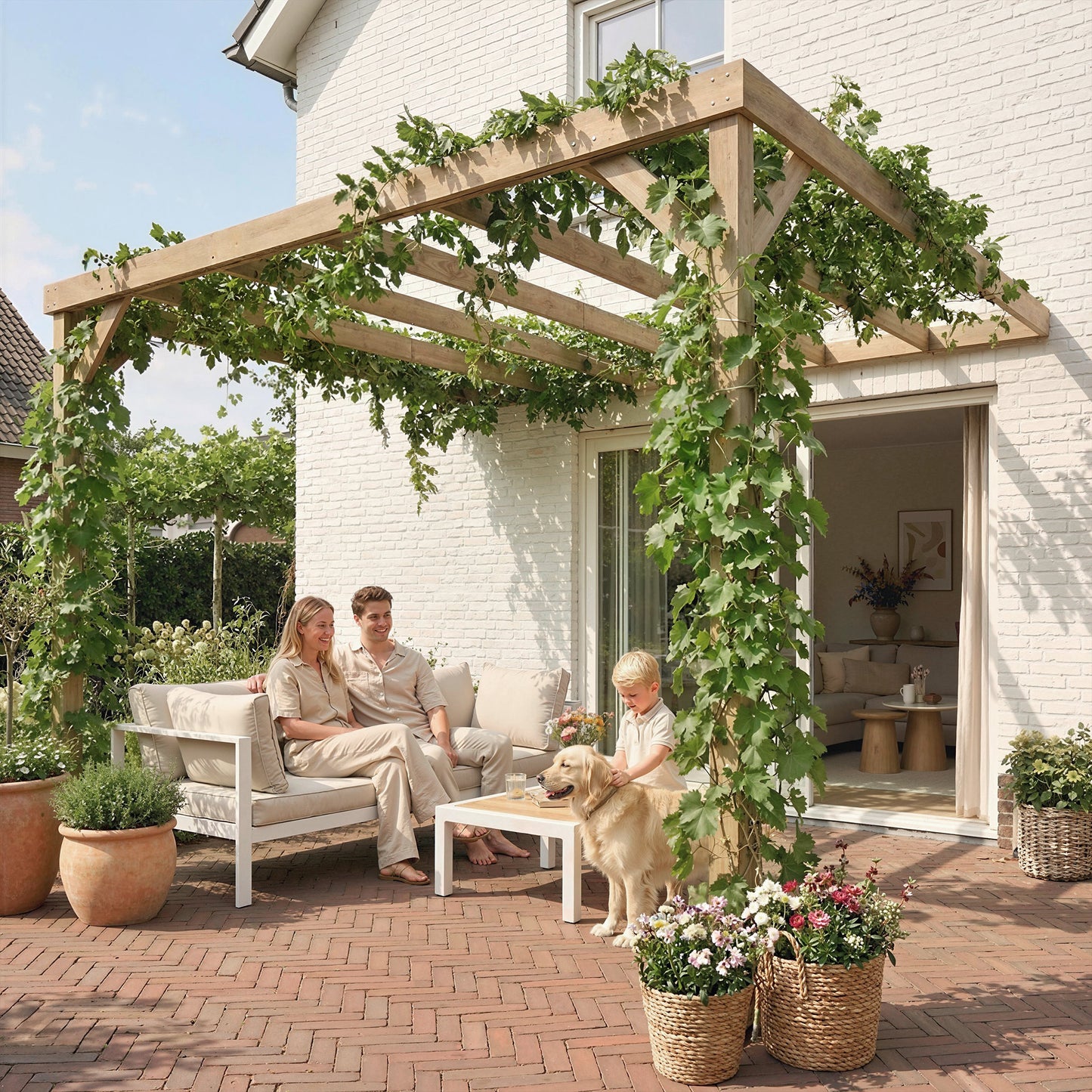 Outsunny Lean To Wooden Pergola Kit Garden Gazebo With Stable Structure And Concrete Anchors 3 x 3 m Light Brown