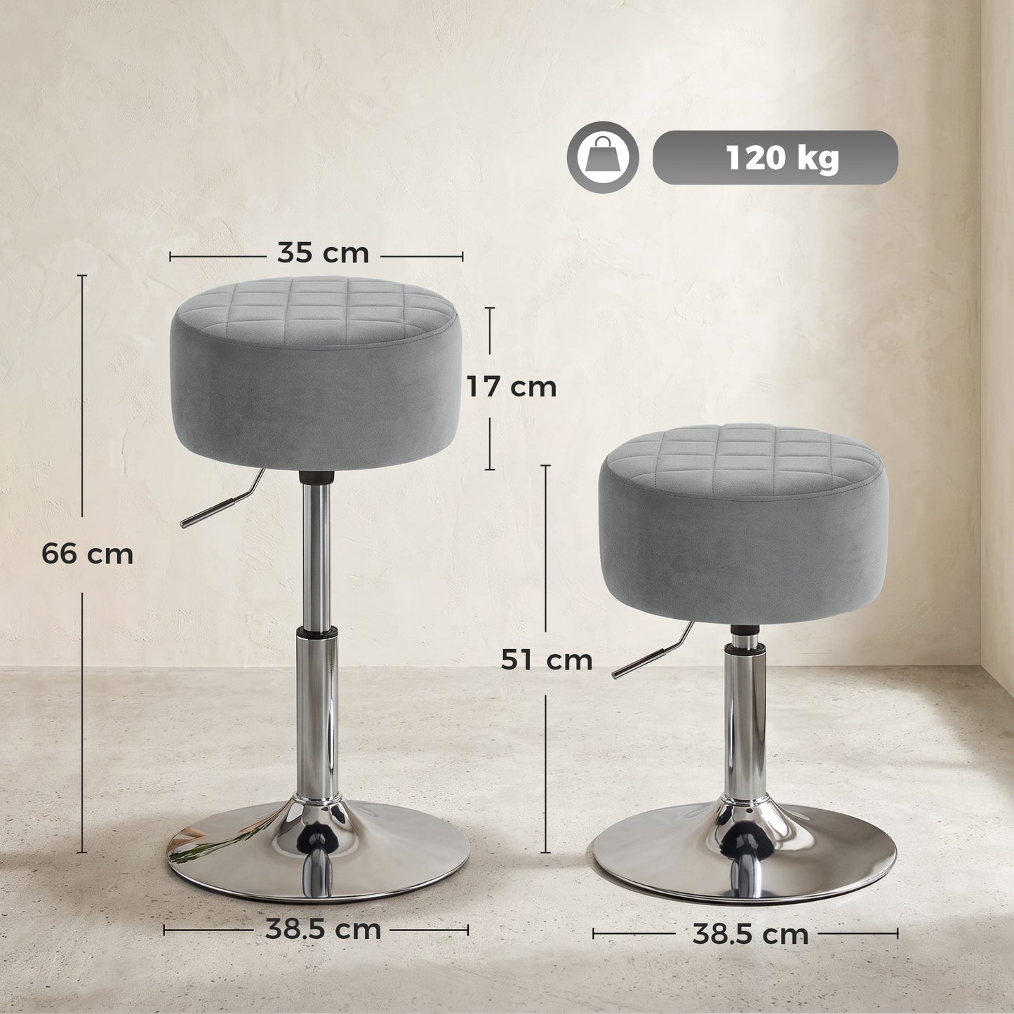 Two grey adjustable swivel bar stools with round upholstered seat and chrome base