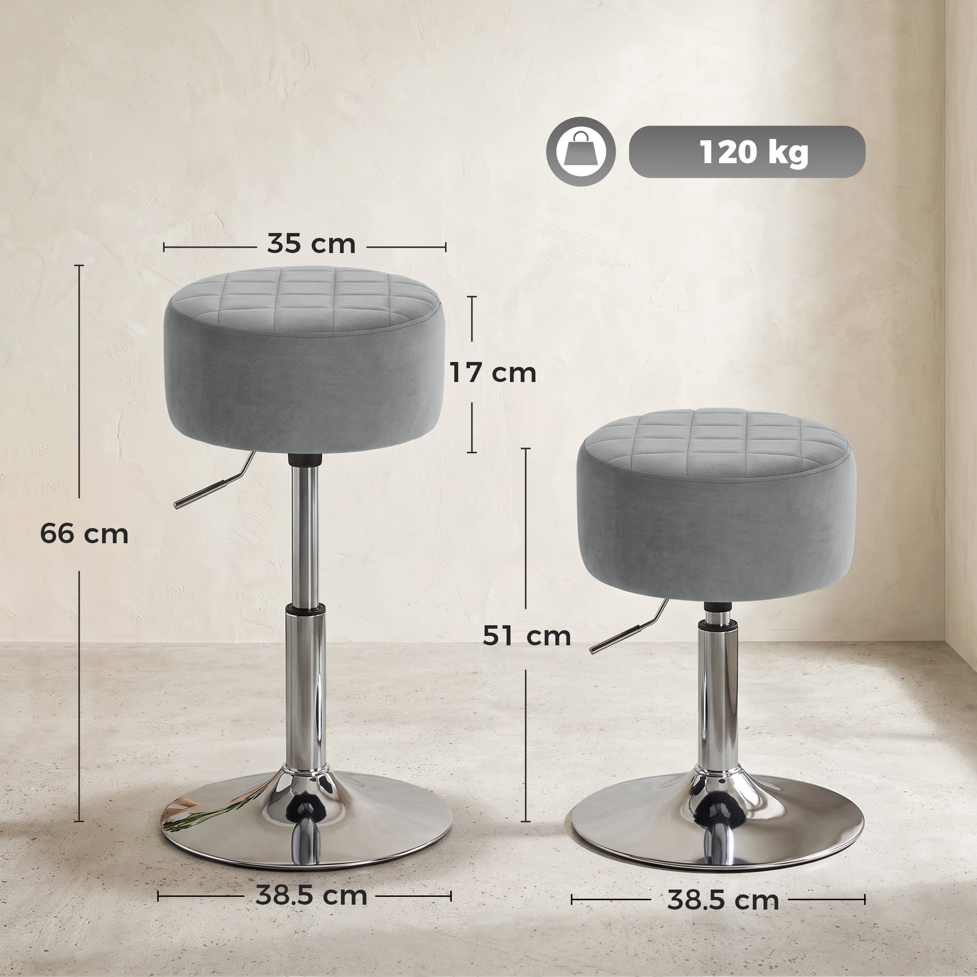 Two grey adjustable swivel bar stools with round upholstered seat and chrome base