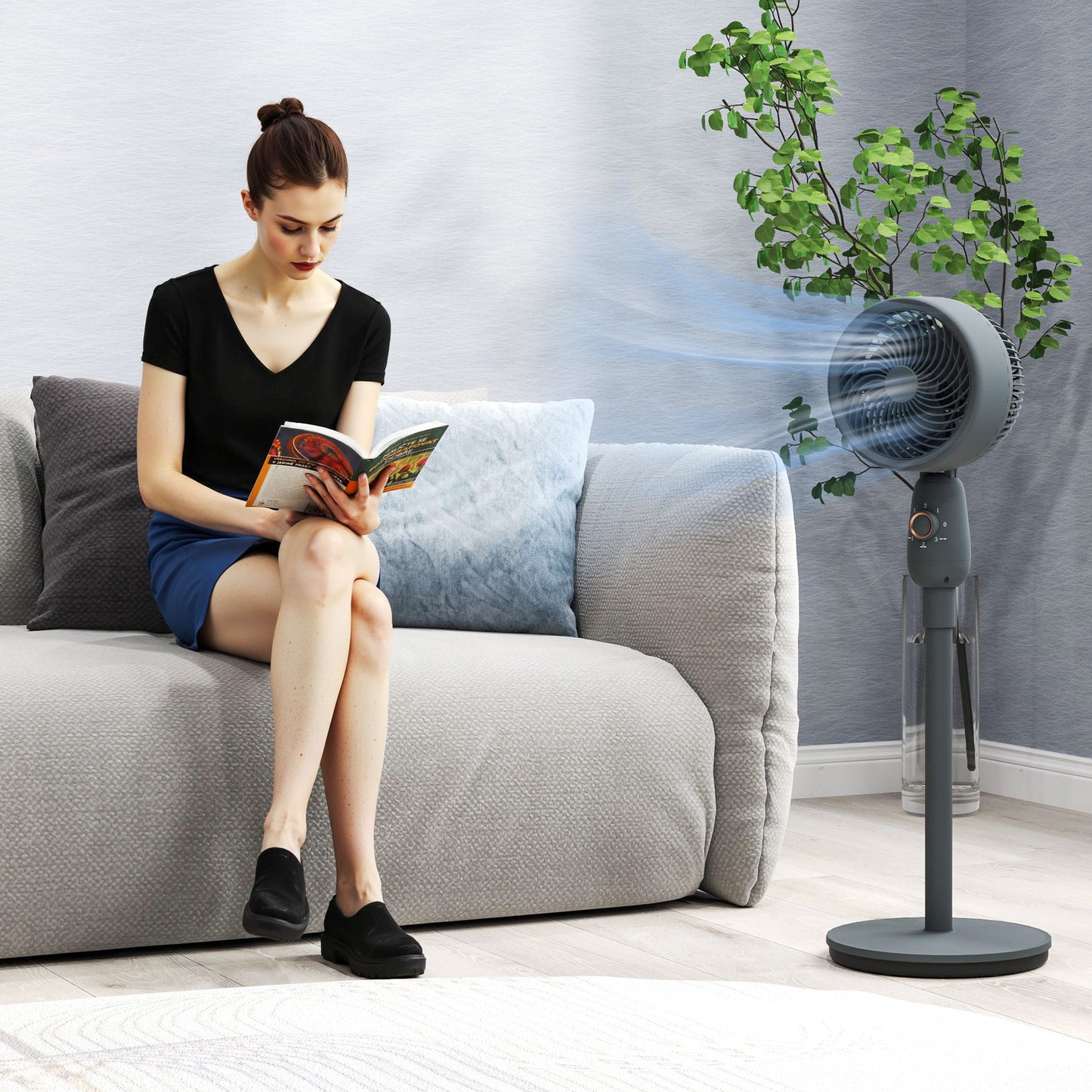 HOMCOM 12 Inch Pedestal Fan With 3 Speeds, Oscillating Floor Standing Air Circulator For Bedroom Office Grey