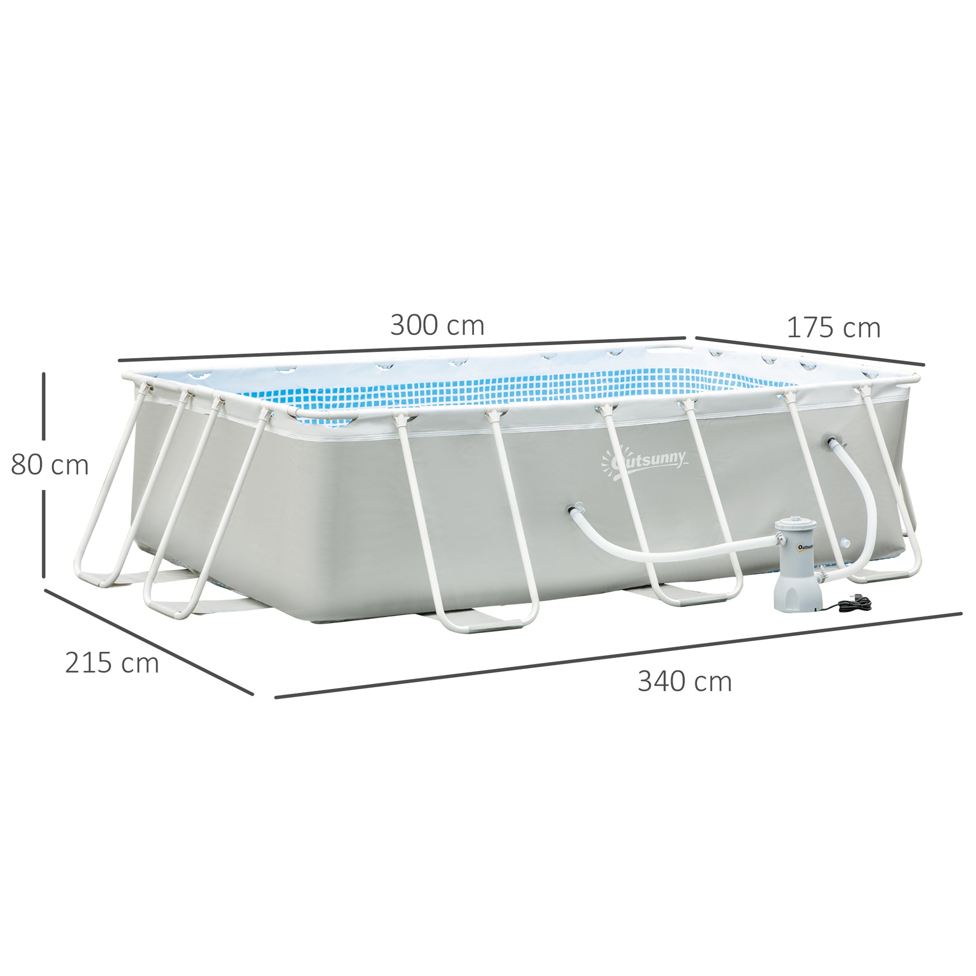 Outsunny Light Grey Rectangular Above Ground Swimming Pool with Filter Pump, 340 x 215 x 80 cm - ALL4U RETAILER LTD