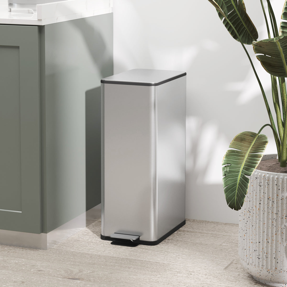 Stainless steel upright pedal bin with black soft-close lid and foot pedal