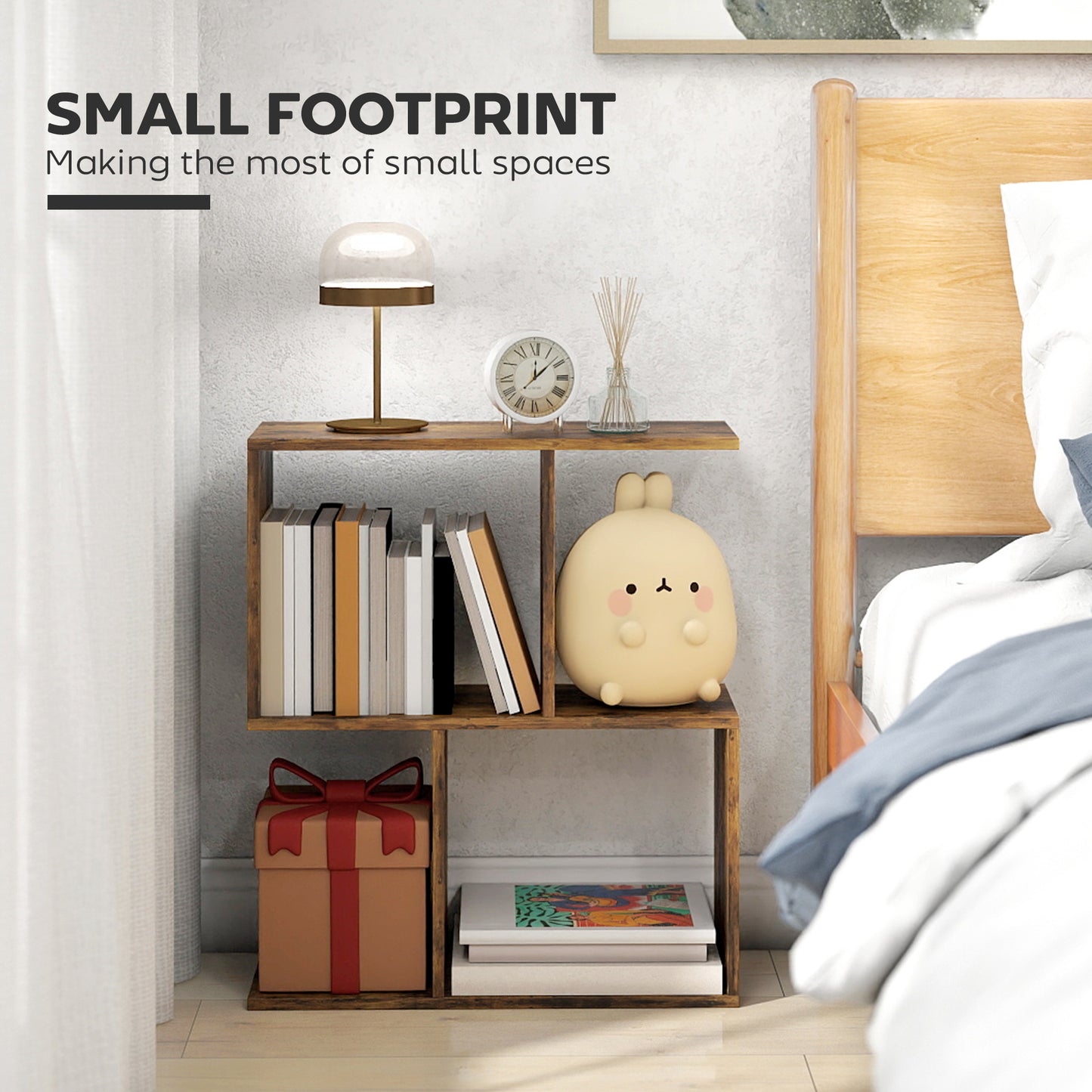 HOMCOM S Shaped Narrow Side Table With Storage Shelves 3 Tier Rustic Brown 50W 19D 58H Cm
