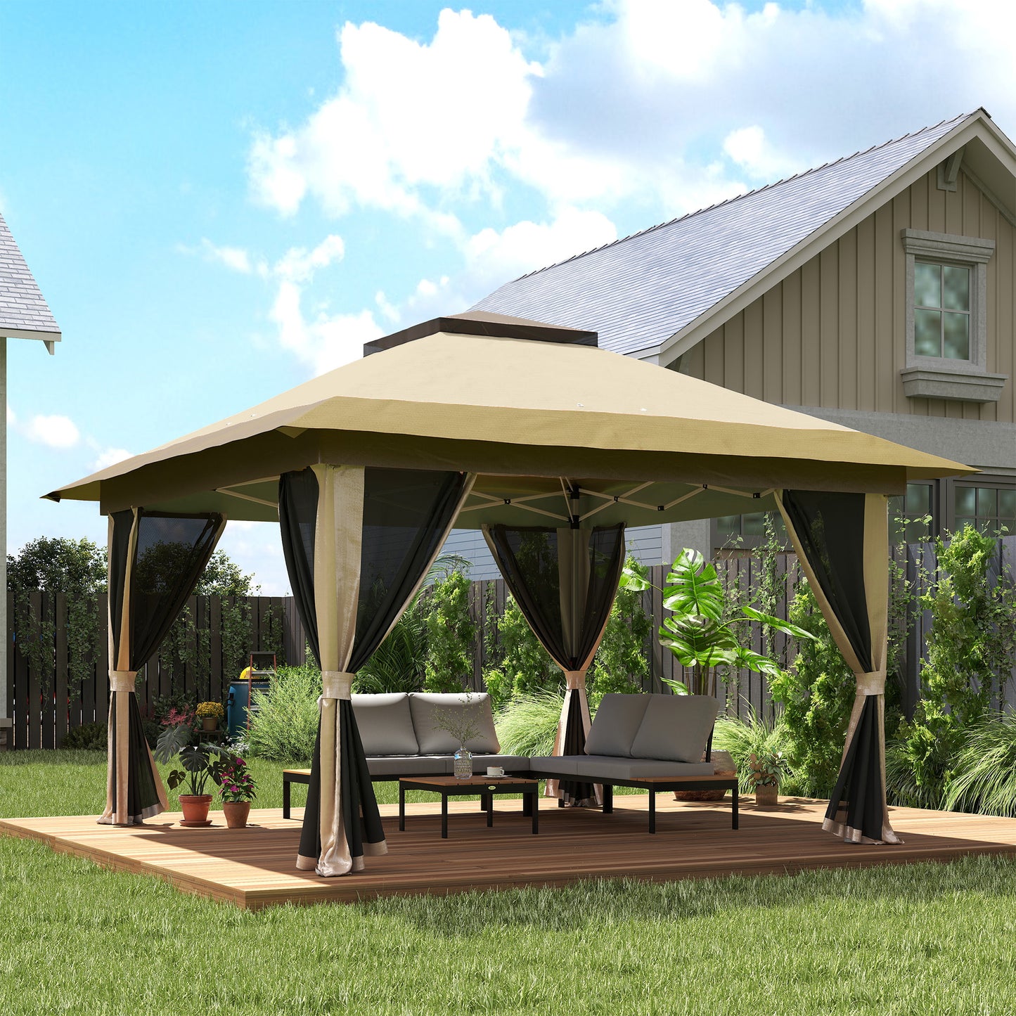 Outsunny 3.6 x 3.6m Pop Up Gazebo With Accessories Beige UPF50 Plus Canopy And Removable Mesh Lining