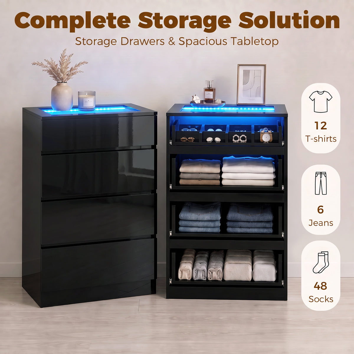 Homcom High Gloss Dresser With Tempered Glass Top And Rgb Led Lights Black