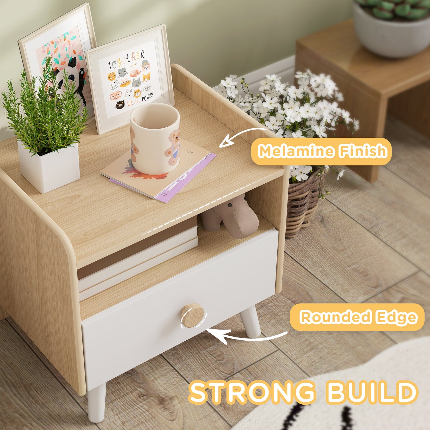 AIYAPLAY Kids Bedside Table With Drawer And Open Storage Shelf Wooden Nightstand For Bedroom White