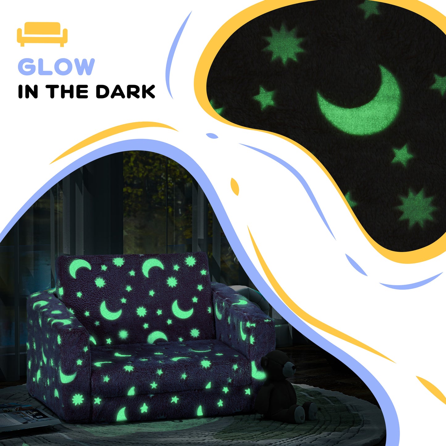 AIYAPLAY Glow-in-the-Dark Stars & Moon 2-in-1 Kids Sofa Bed with Washable Cover - Blue - ALL4U RETAILER LTD