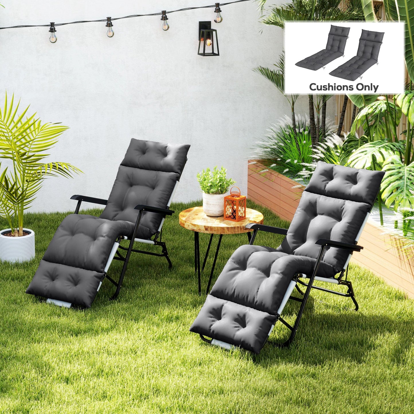 Outsunny Set Of Two 190 X 56 Cm Sun Lounger Cushions Dark Grey With Durable Polyester Fabric And Ties