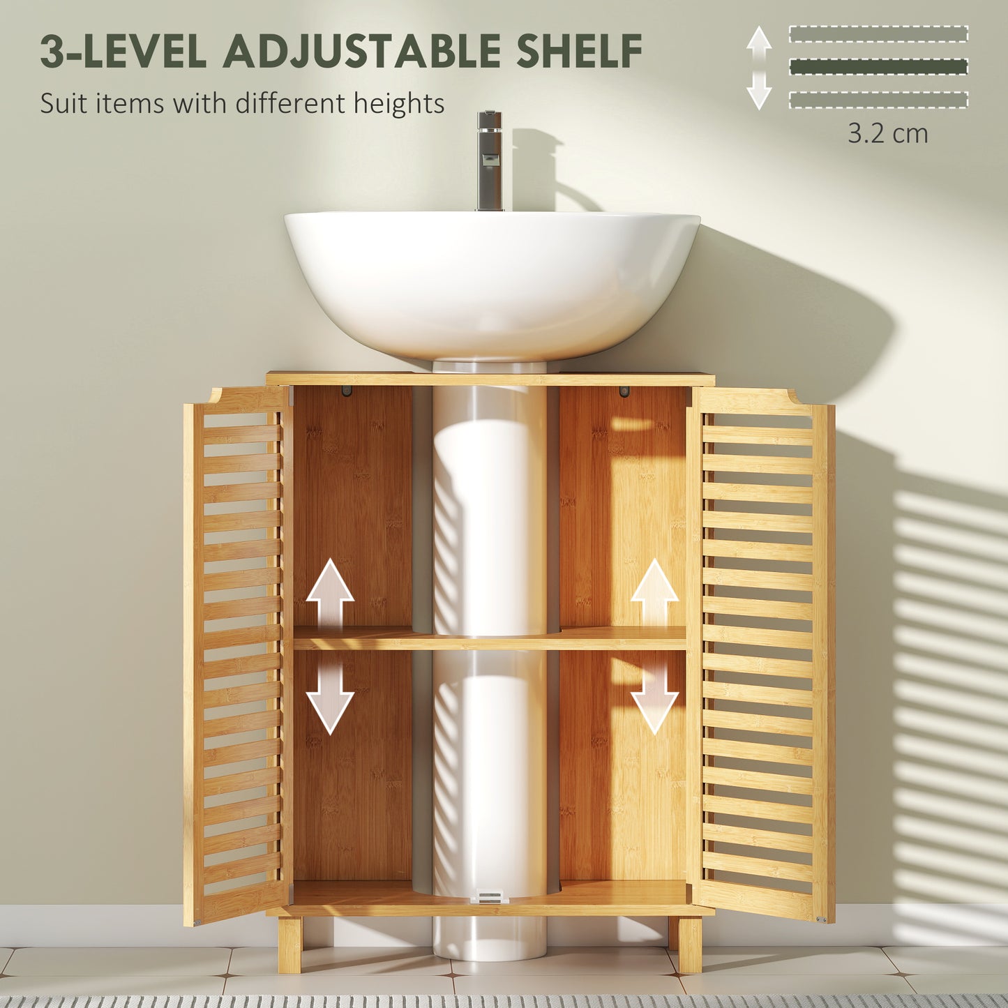 HOMCOM Under Sink Bathroom Cabinet Freestanding Bamboo Cabinet With Louvered Doors Adjustable Shelf Natural Finish