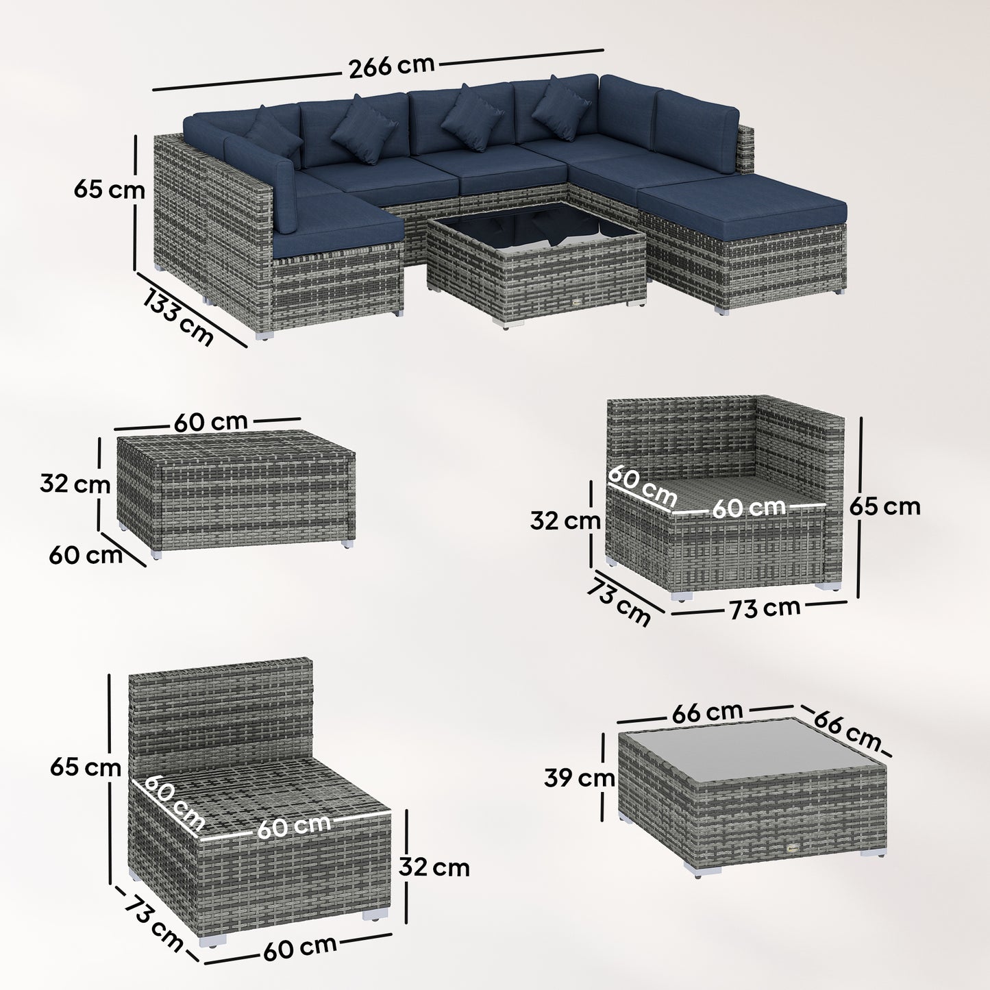 Outsunny 8 Piece PE Rattan Corner Sofa Set Outdoor Garden Furniture Patio Wicker with Cushions Dark Blue