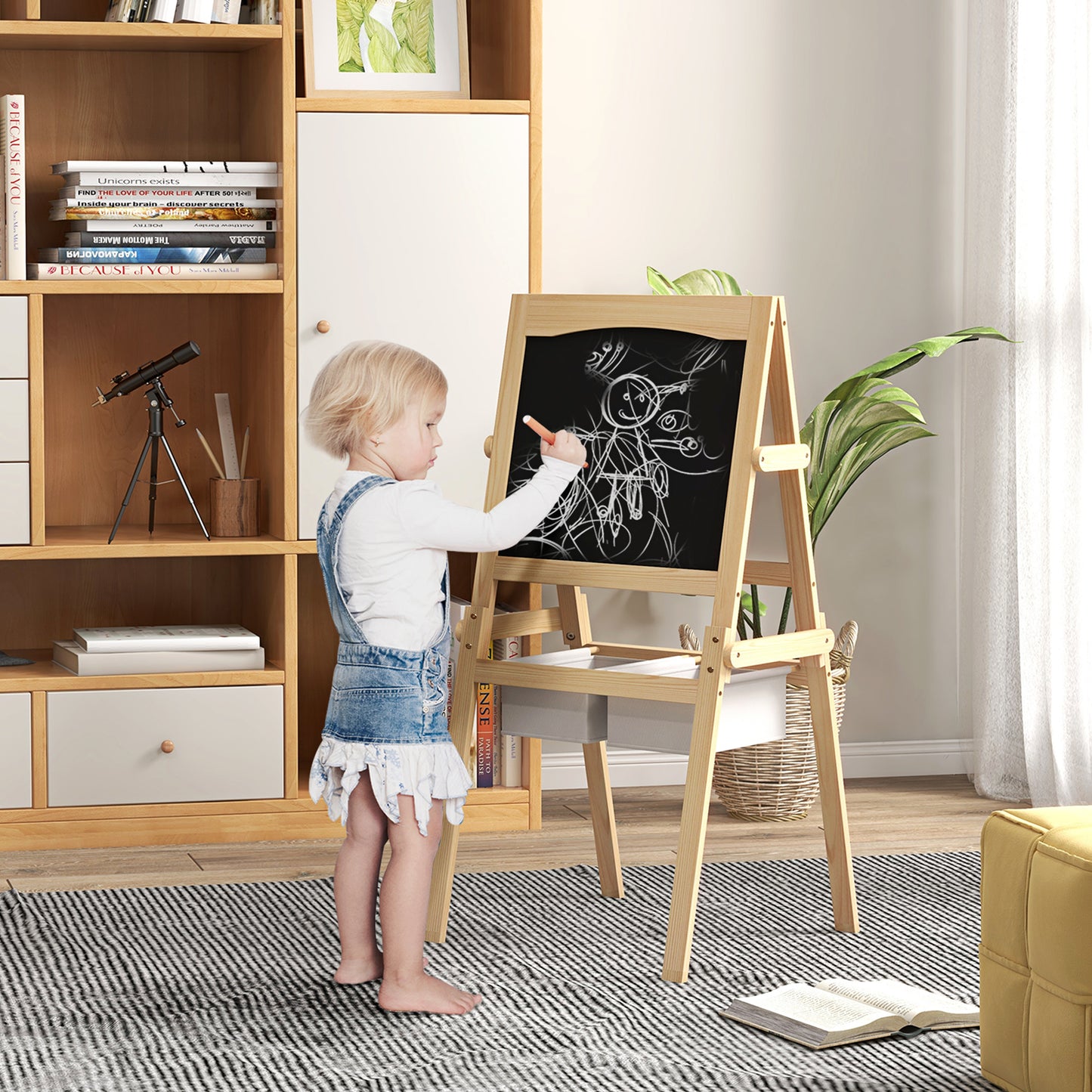 AIYAPLAY 3-in-1 Kids Art Easel with Paper Roll, Double-Sided Whiteboard and Blackboard for Toddlers, Includes Storage Baskets, Ages 3-6 - ALL4U RETAILER LTD