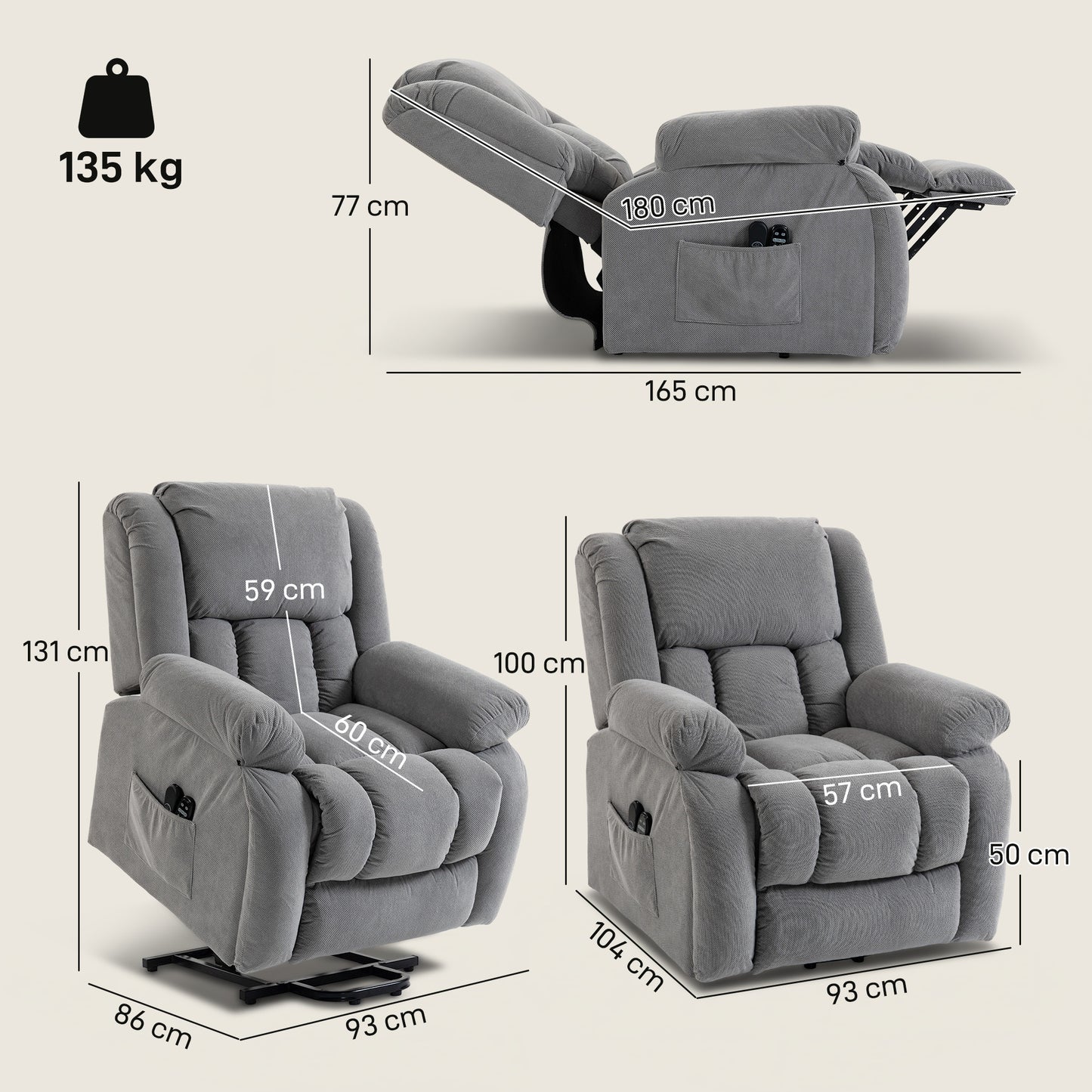 HOMCOM Electric Recliner Lift Chair With Vibration Massage And Heat, Wide Seat, USB Port, Light Grey