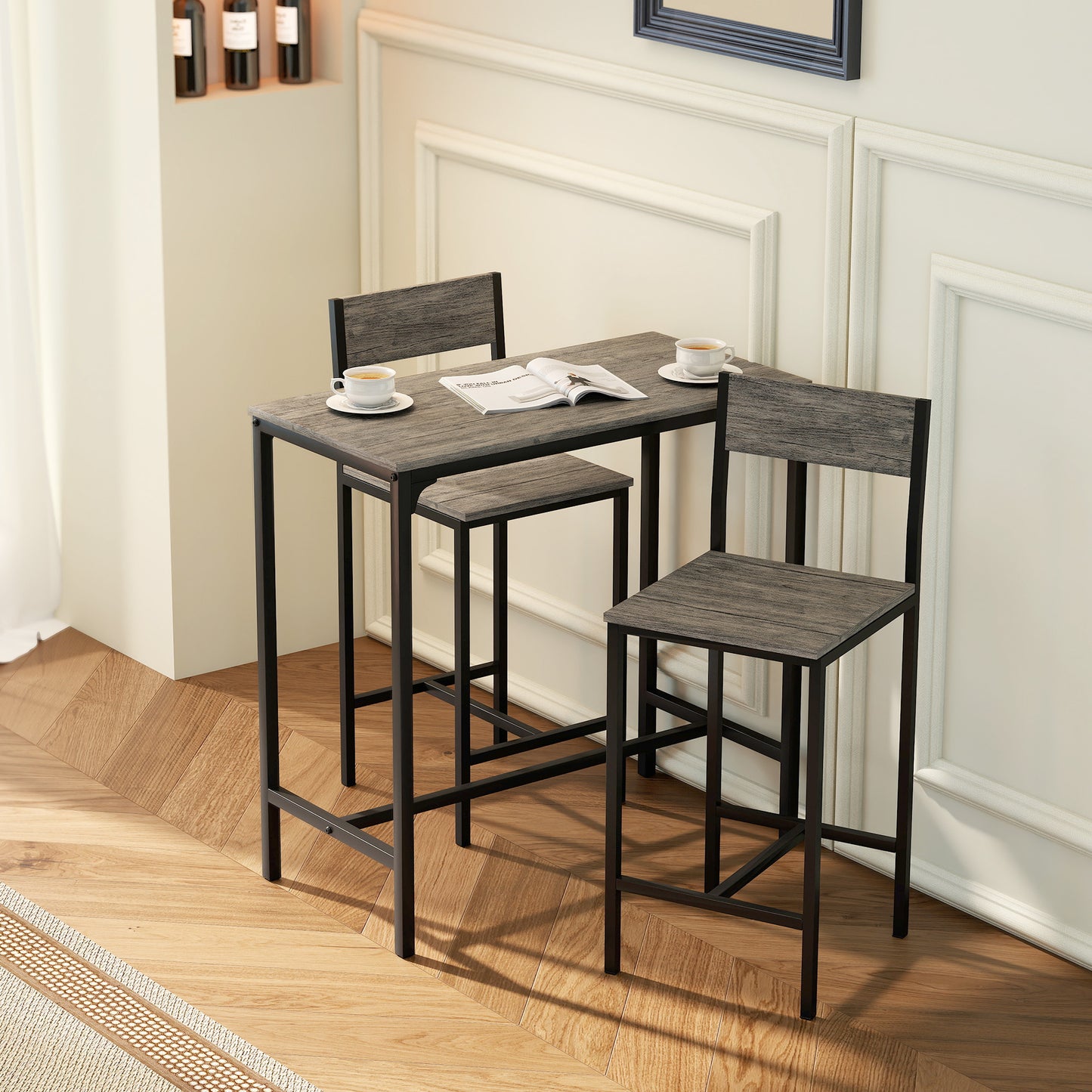 HOMCOM 3 Piece Bar Table Set With 2 Stools Industrial Breakfast Bar Set With Footrests And Backrests For Dining Room