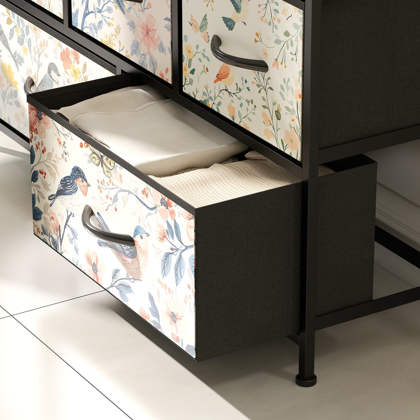 HOMCOM Five Drawer Fabric Chest of Drawers in White With Removable Foldable Fabric Drawers and Patterned Panel Fronts
